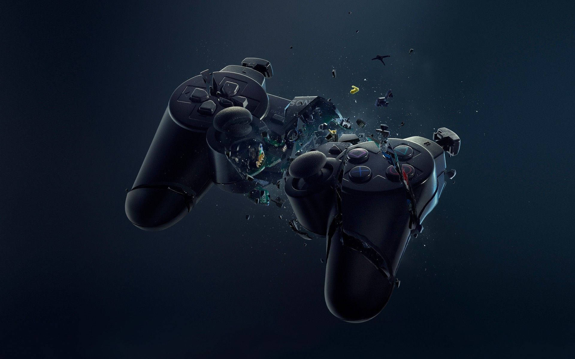 兩個黑色遊戲控制器破裂，發光的碎片在深藍色空間中飛舞。 — Ps4 壁紙
