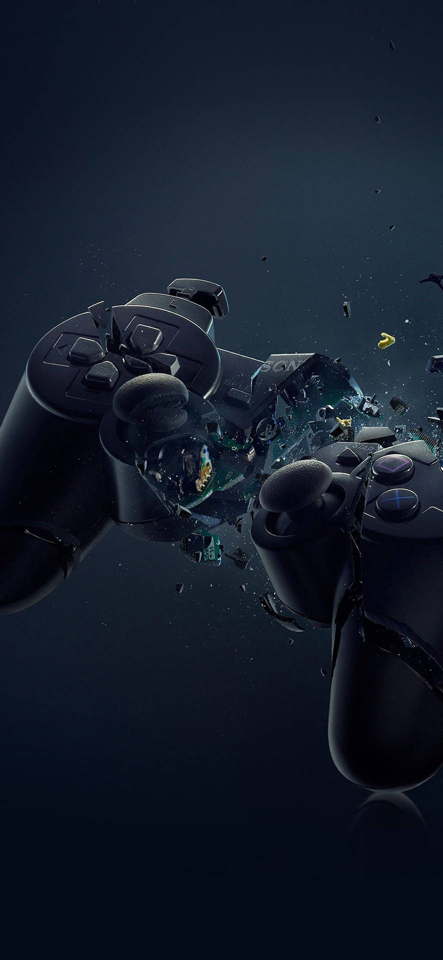 兩個黑色遊戲控制器破裂，碎片飛散。 — Ps4 壁紙