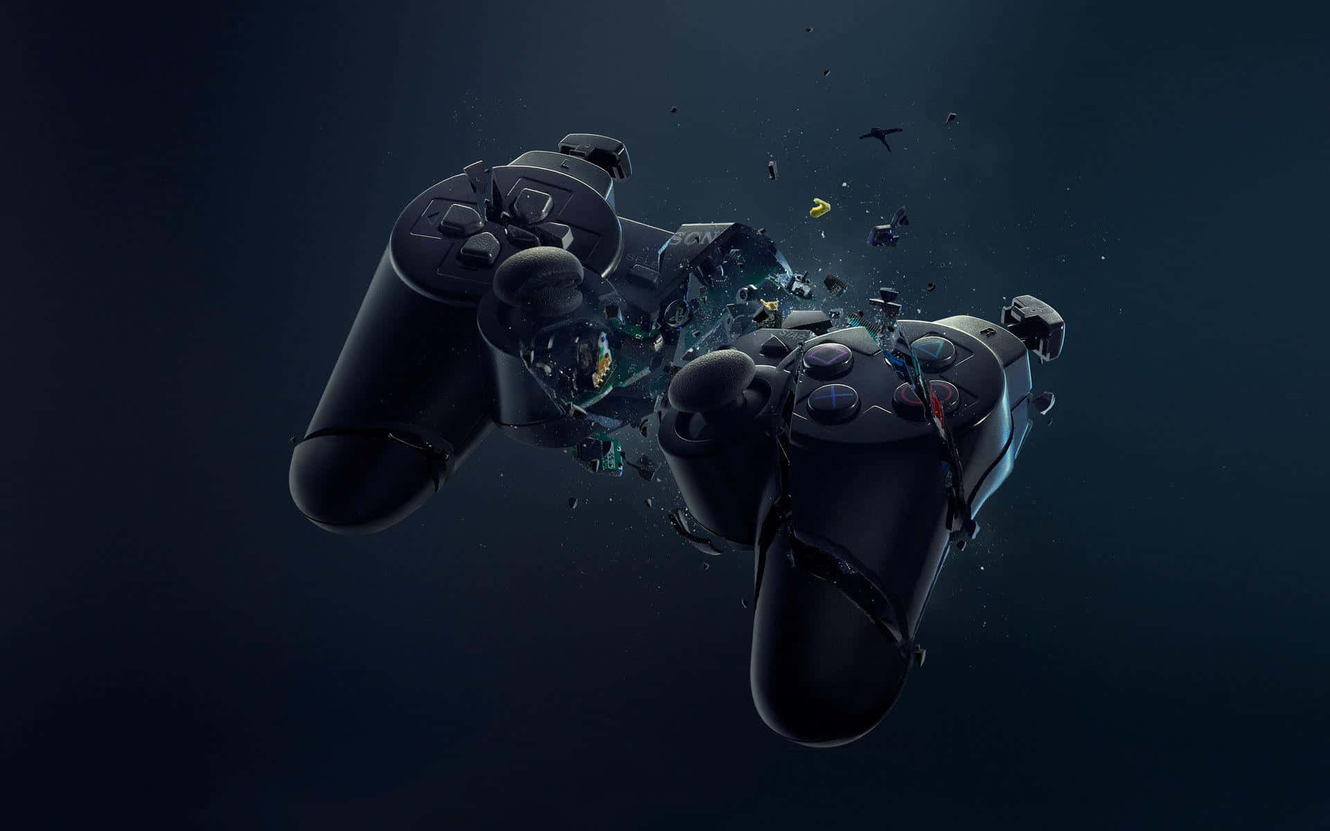 PlayStation 桌布 壁紙 — 兩個黑色遊戲控制器在黑暗背景下戲劇性地碎裂，發光的碎片向外飛散。