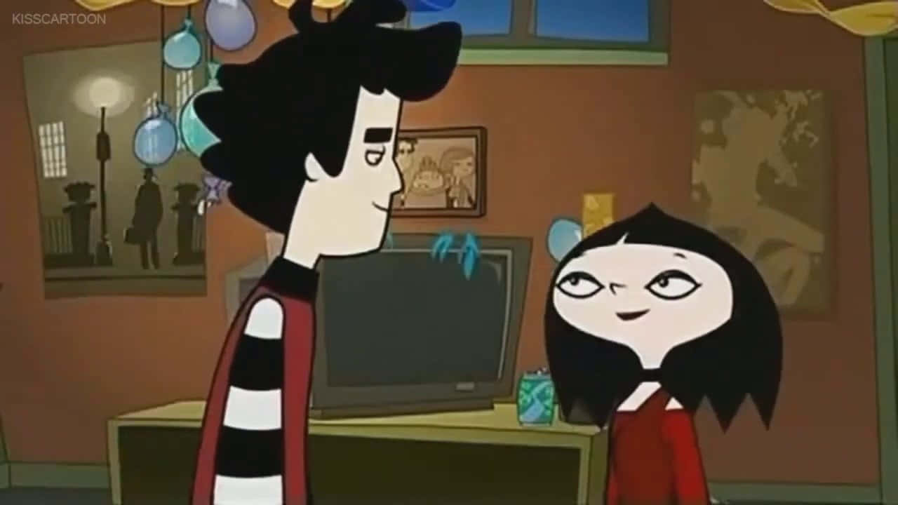 Animated 桌布 壁紙 — 兩個黑色頭髮的動畫角色站在一個溫暖照明的房間裡，房間裡掛著藍色氣球和一台電視。