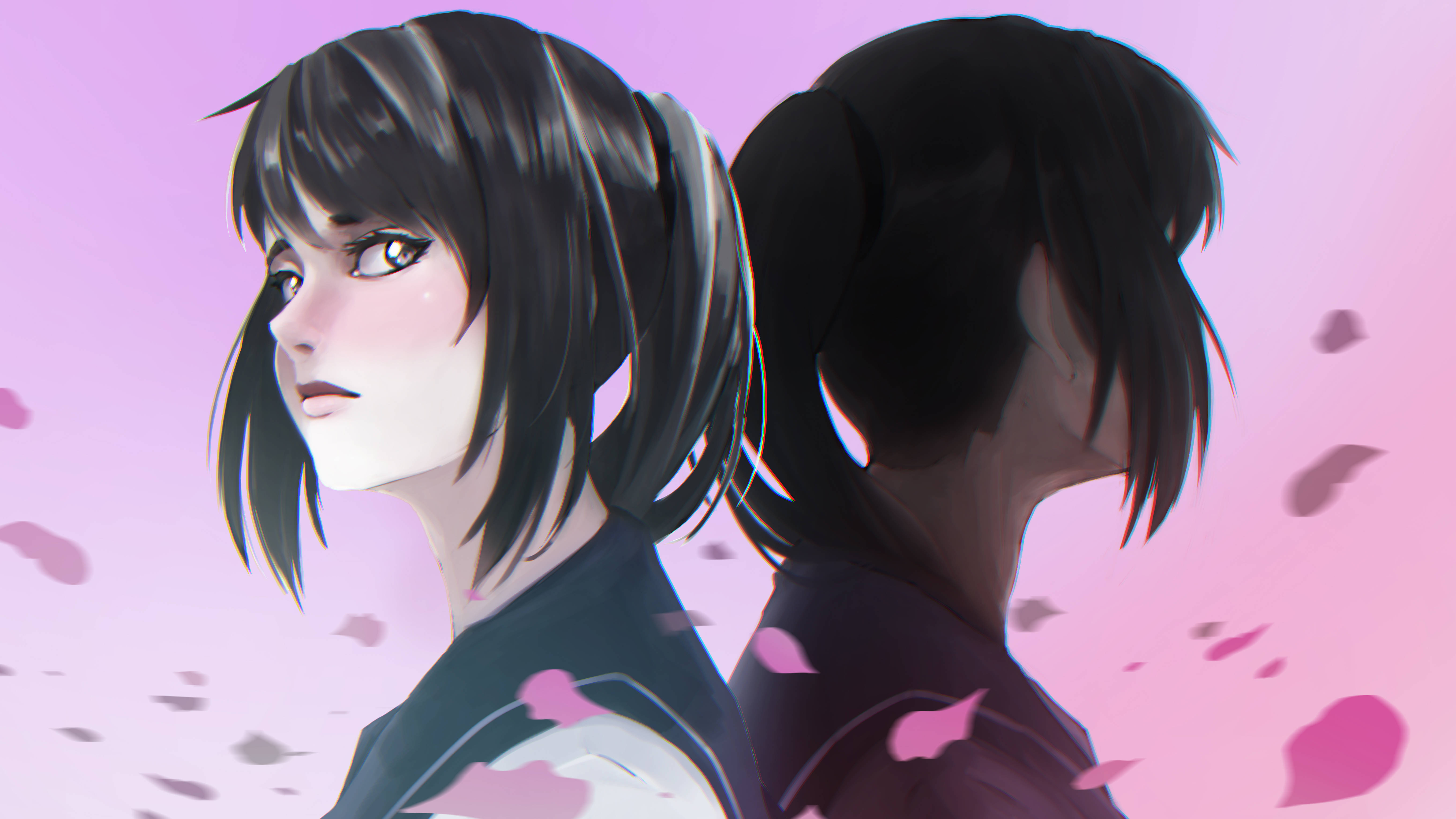 Yandere 桌布 壁紙 — 兩個黑髮動漫女孩背對背站立，背景是柔和的粉紅色，有飄落的櫻花花瓣。