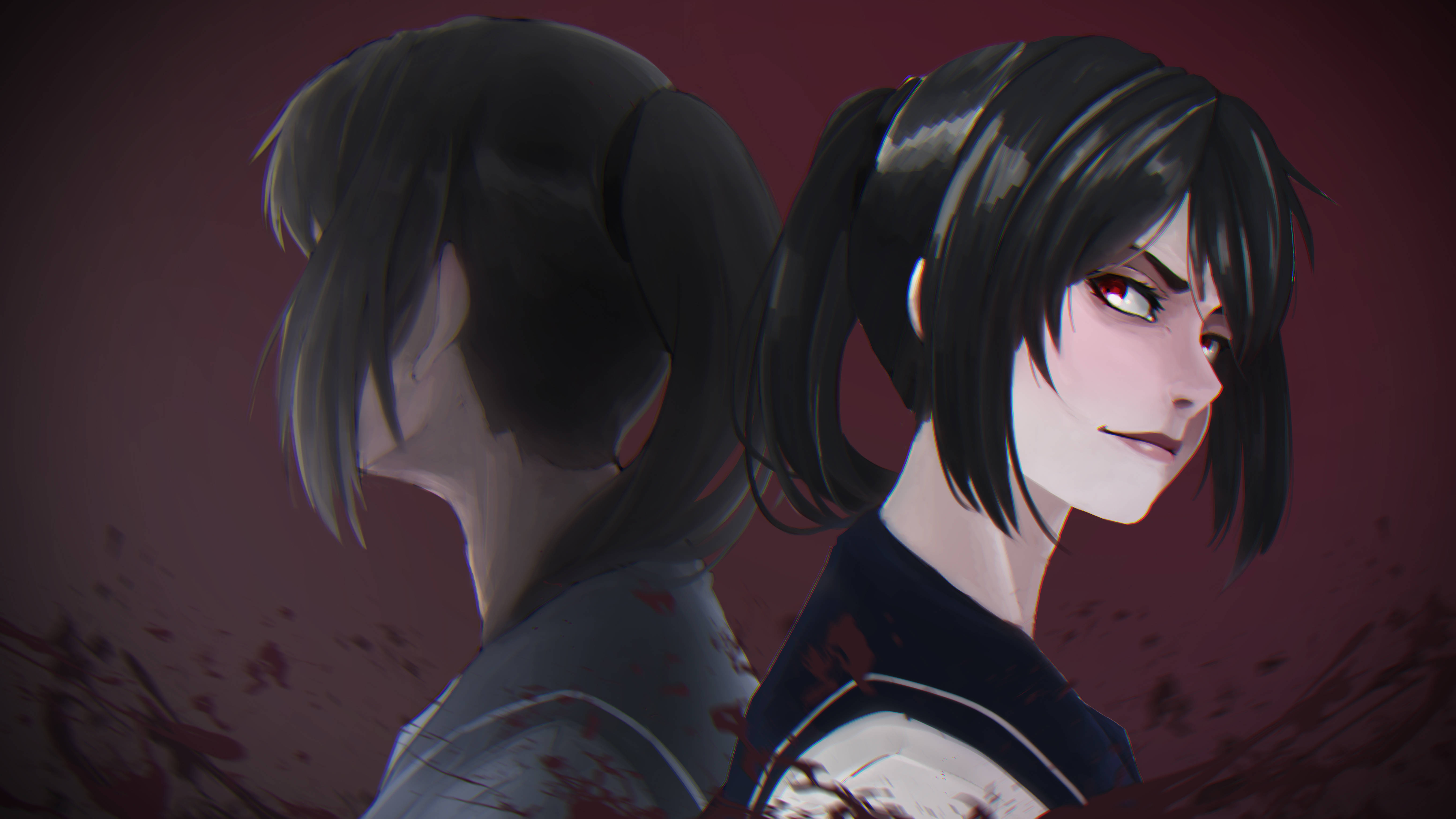 Yandere 桌布 壁紙 — 兩個黑髮動漫女孩背靠背站在血跡斑斑的栗色背景前，其中一個紅眼睛，露出得意的笑容。