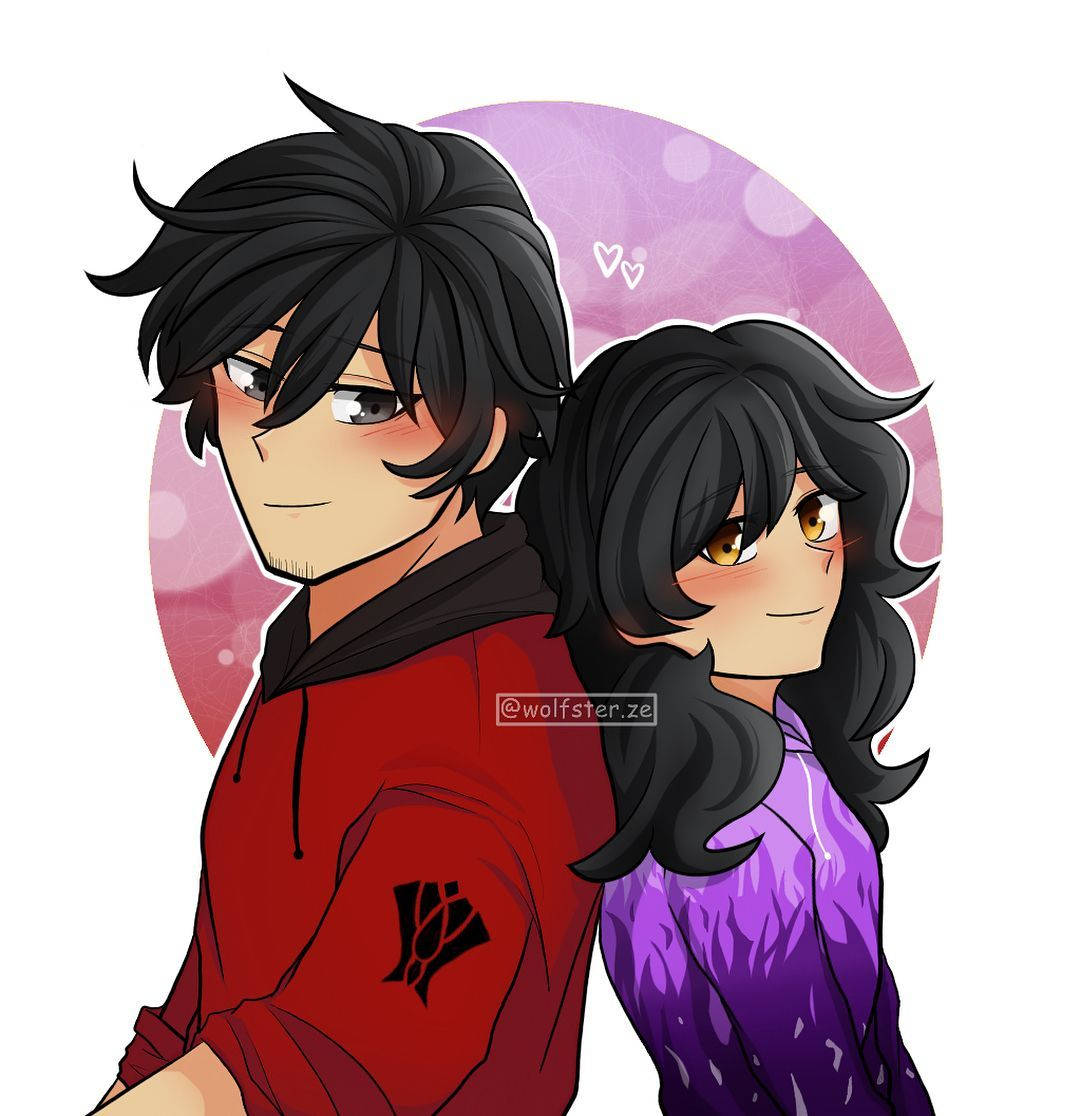 Aphmau 桌布 壁紙 — 兩個黑髮動漫角色背對背站立，背景為粉紅色圓形，有漂浮的心形。
