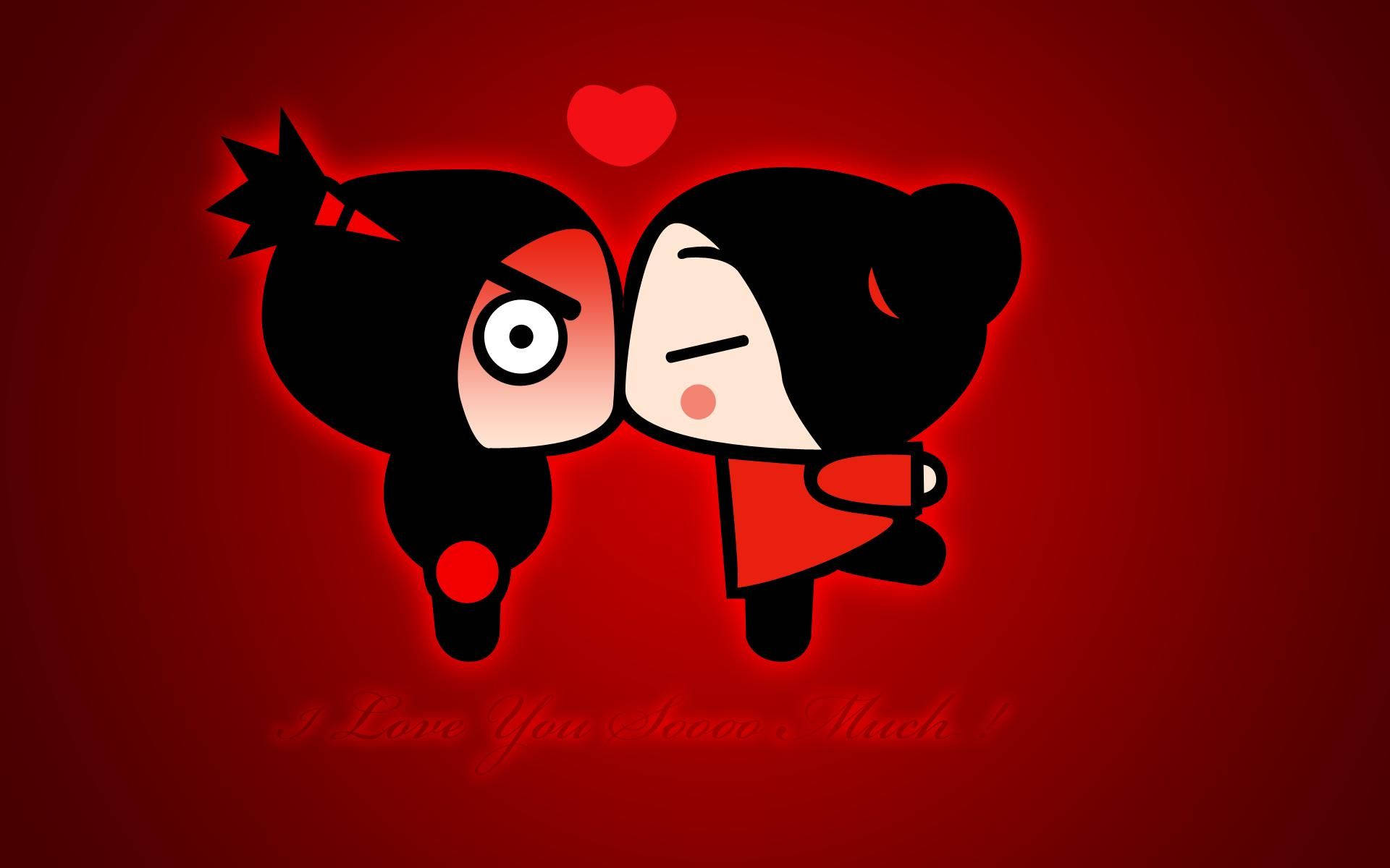 Pucca 桌布 壁紙 — 兩個黑髮帶紅色點綴的卡通角色在發光的紅色背景前，與一個漂浮的心形圖案分享一個俏皮的吻。