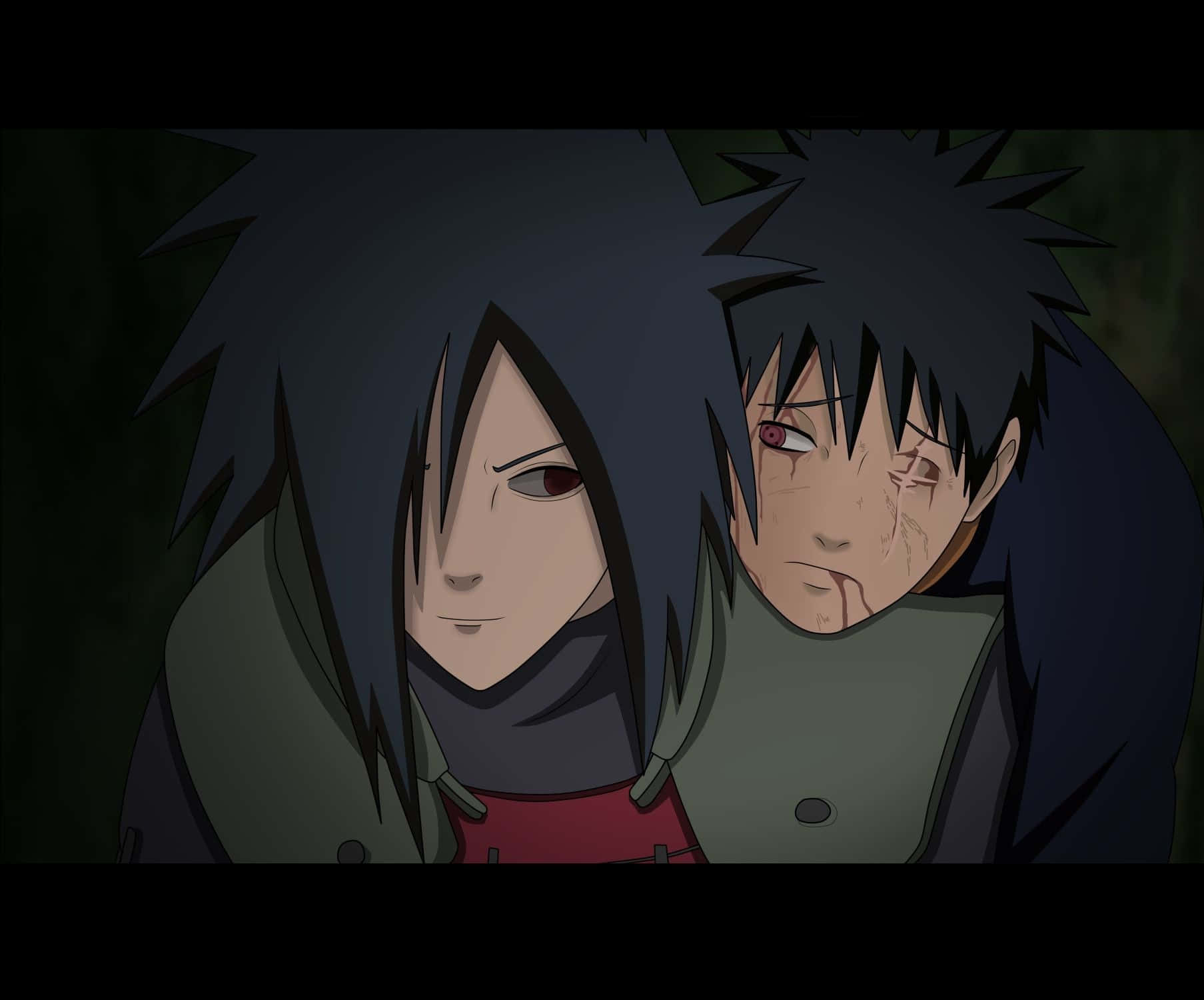 Izuna Uchiha 桌布 壁紙 — 兩個黑髮紅眼的動漫角色在陰暗的綠色環境中分享憂鬱的時刻。