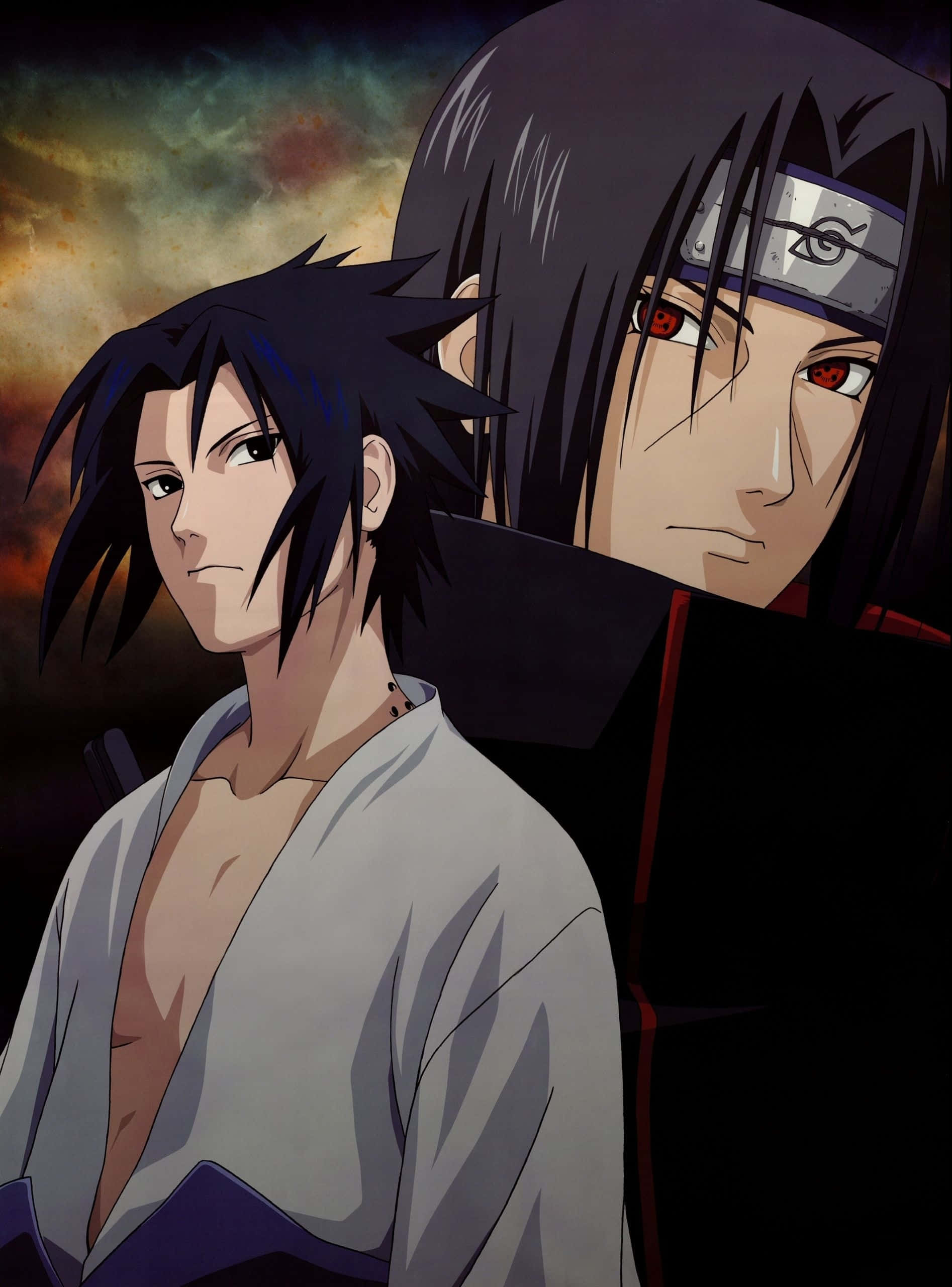 Sasuke And Itachi 桌布 壁紙 — 兩個黑髮紅眼的動漫角色站在火燒雲的天空下，一個身穿白色長袍，另一個身穿黑色斗篷。