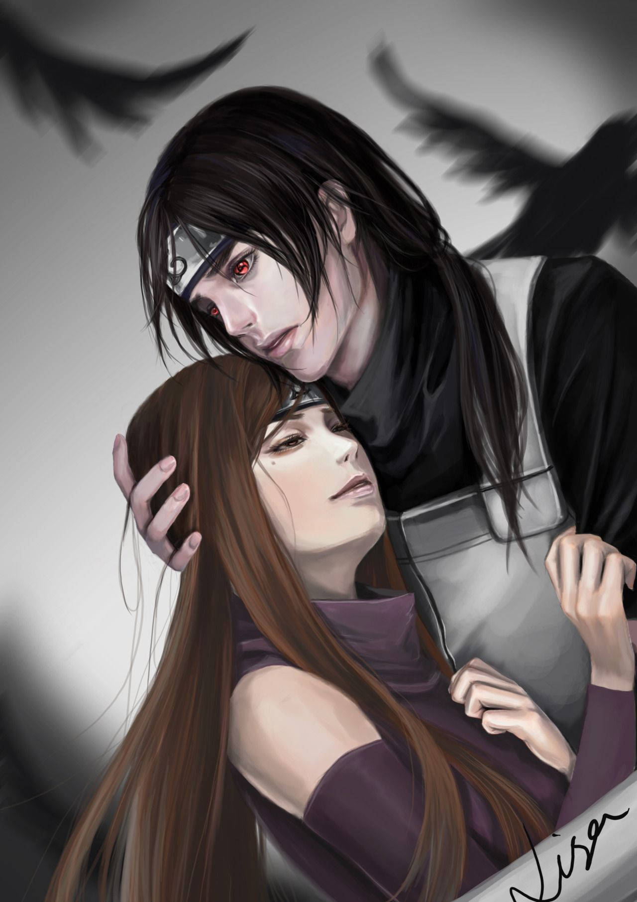 izumi uchiha 桌布 壁紙 — 兩個黑髮紅眼角色在灰色背景與陰影翅膀下的溫柔動漫擁抱。