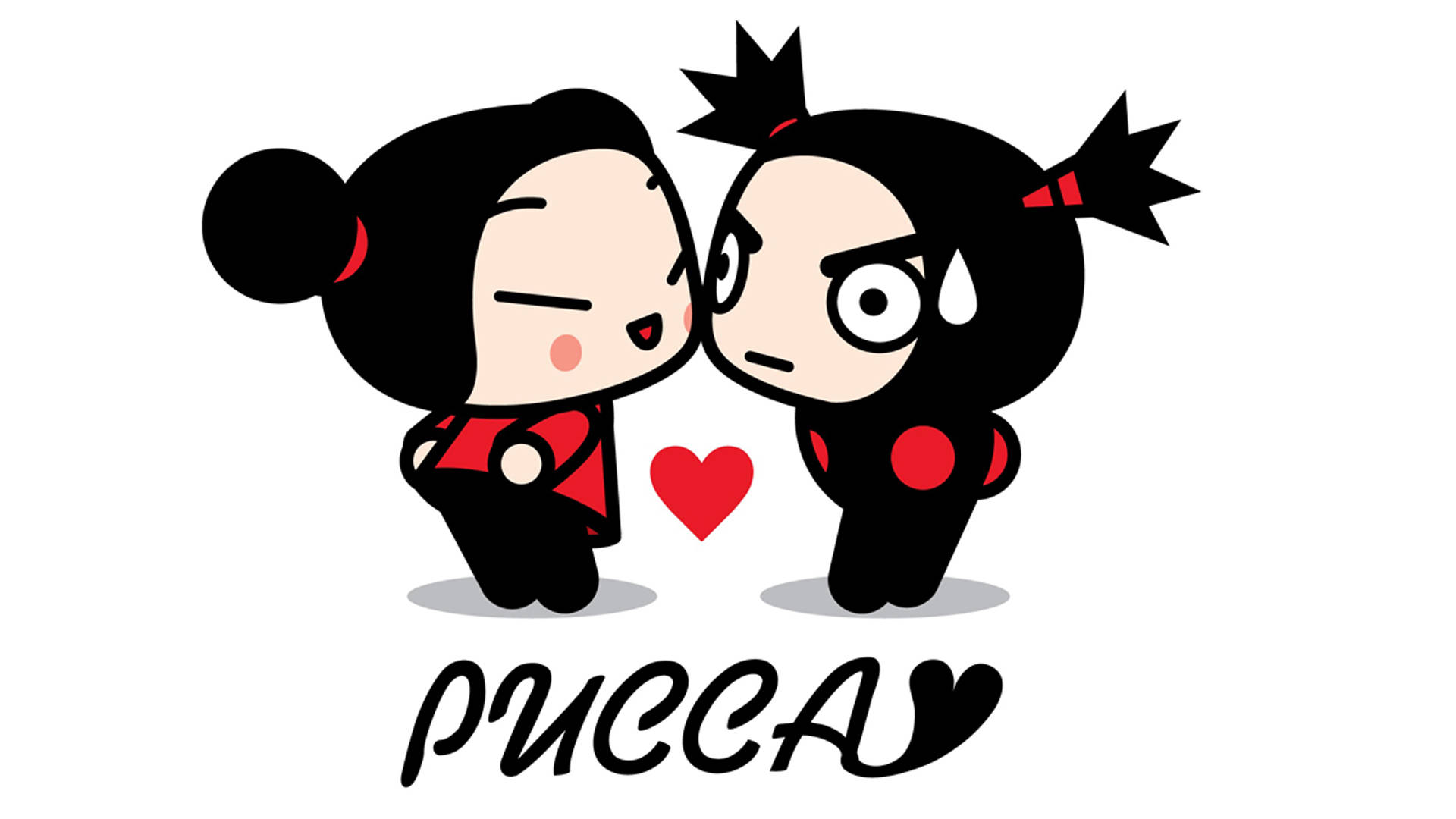Pucca 桌布 壁紙 — 兩個黑髮紅飾的Q版動漫角色面對面，中間有一顆心。