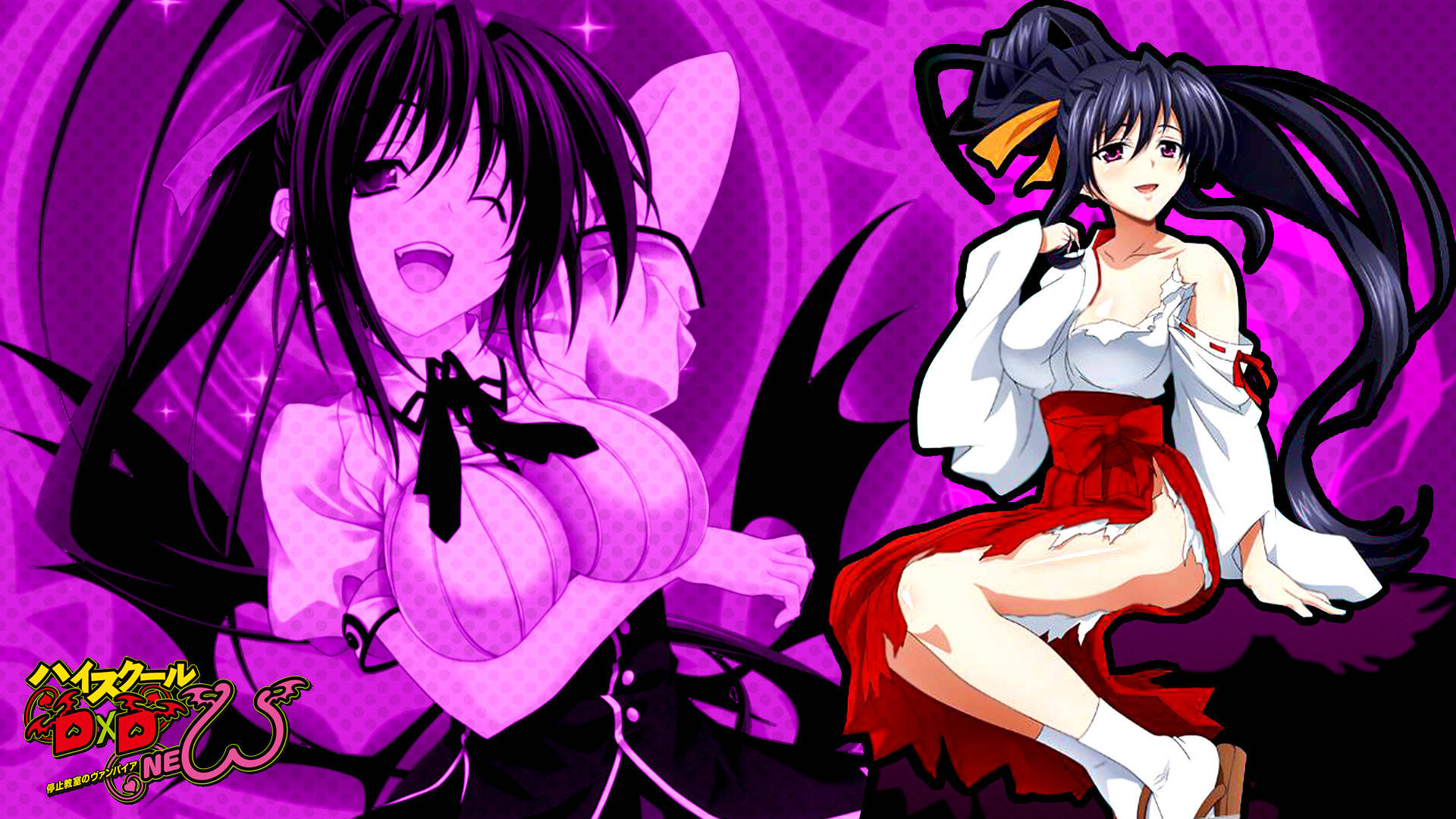 Dxd 桌布 壁紙 — 兩個黑髮紫背景的動漫女孩，一個穿著粉紅色衣服微笑，另一個穿著紅白衣服坐著