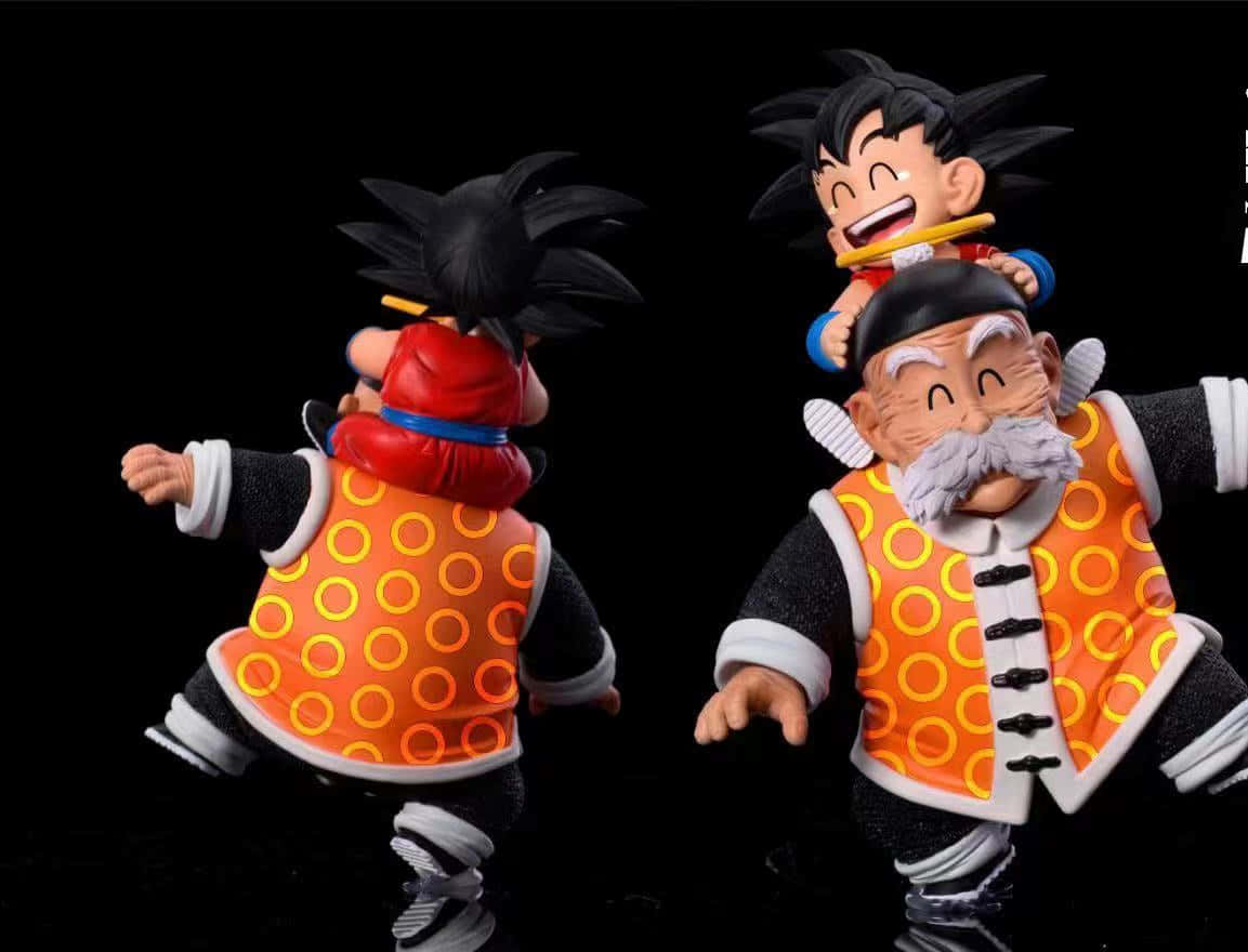 Grandpa Gohan 桌布 壁紙 — 兩個龍珠公仔，一個小孩騎在長輩肩上，兩者都在黑色背景前大笑。