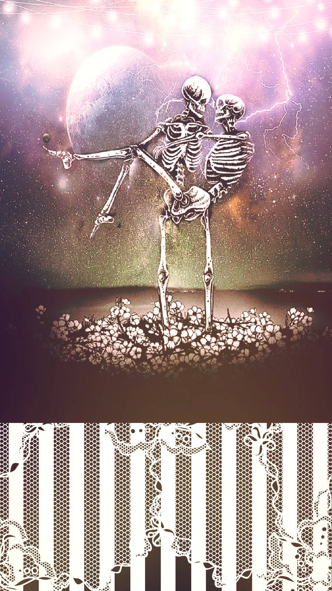 愛心 桌布 壁紙 — 兩具骷髏在發光的月亮下跳舞，宇宙天空中閃電交加，下方是一片花田。