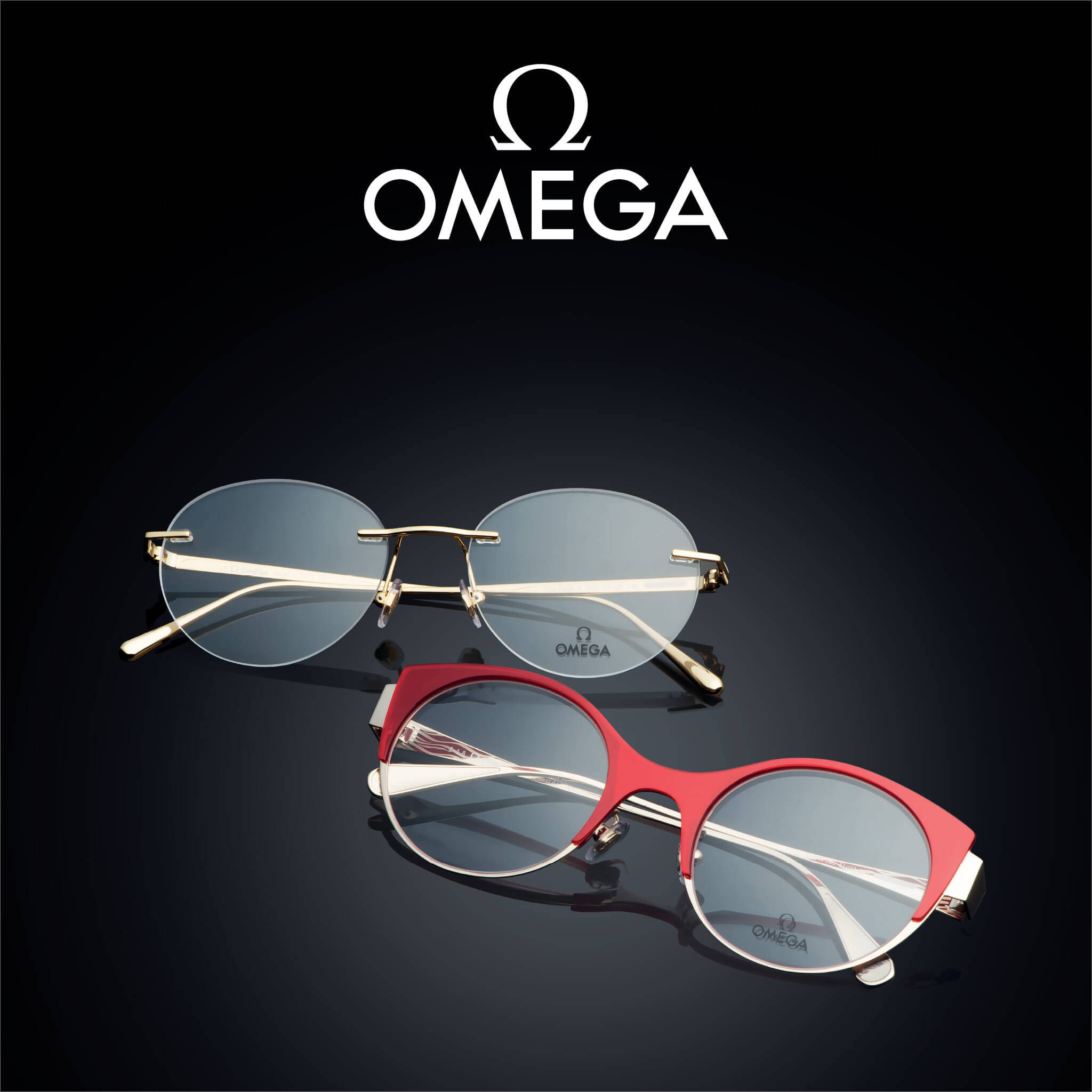 Sunglasses 桌布 壁紙 — 兩副時尚的OMEGA眼鏡，金色和紅色鏡框，在工作室燈光下放在深色反光表面上。