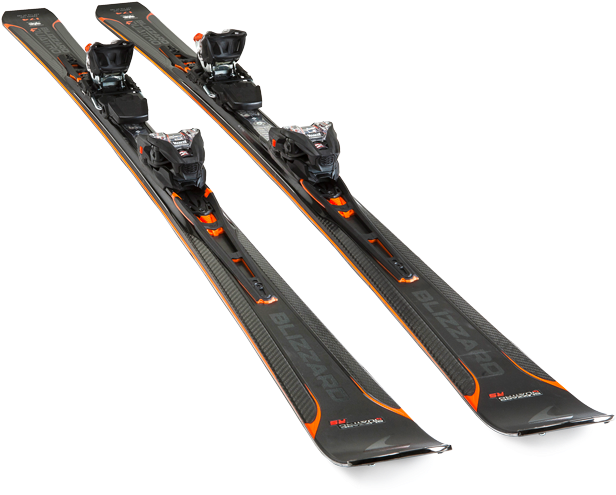 ski 桌布 壁紙 — 兩副黑色和橙色的Blizzard滑雪板，固定器對角傾斜，置於純白背景前。