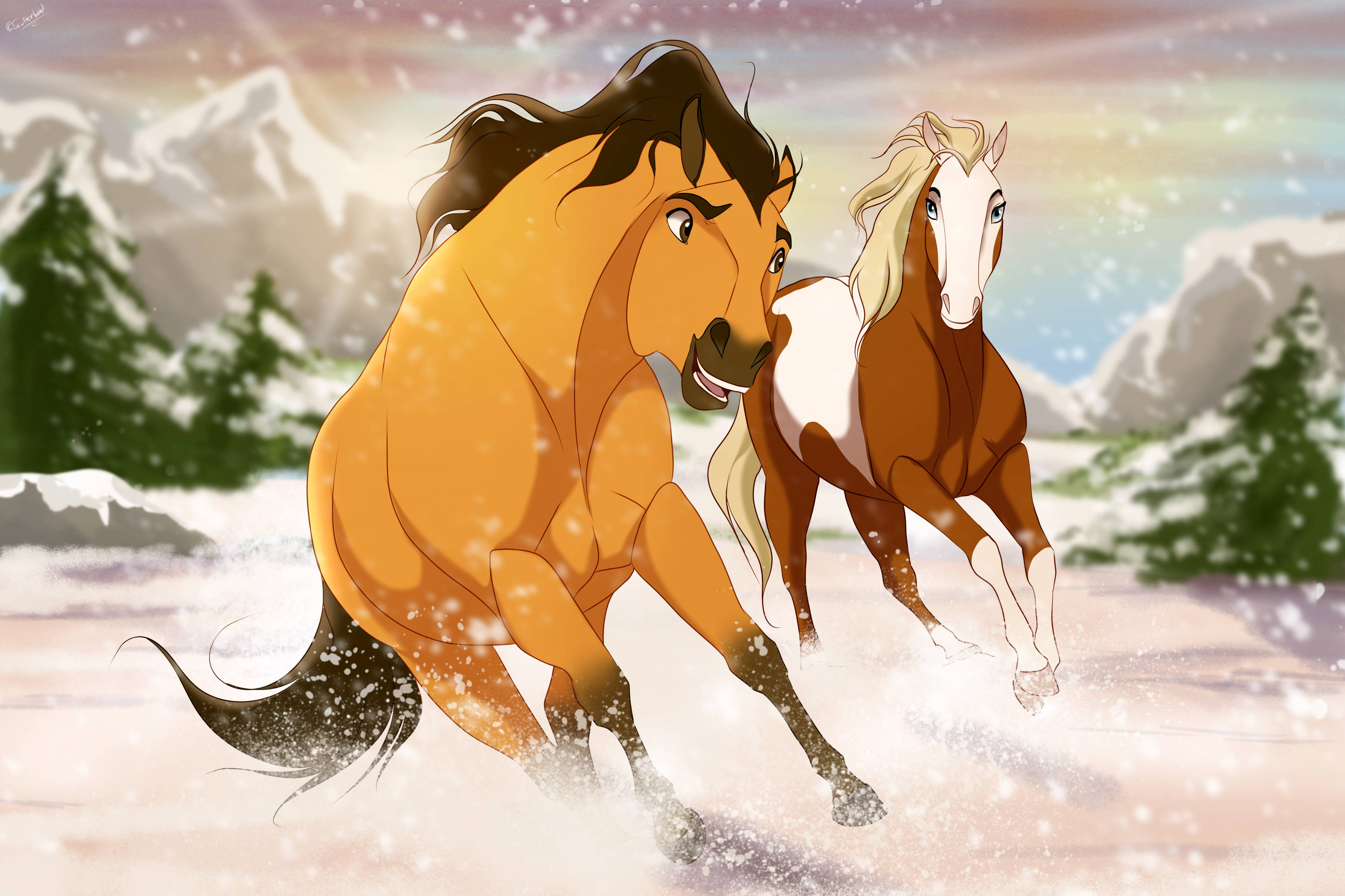 動物 桌布 壁紙 — 兩匹動畫馬在雪景中奔馳，背景是白雪覆蓋的山脈和常青樹。