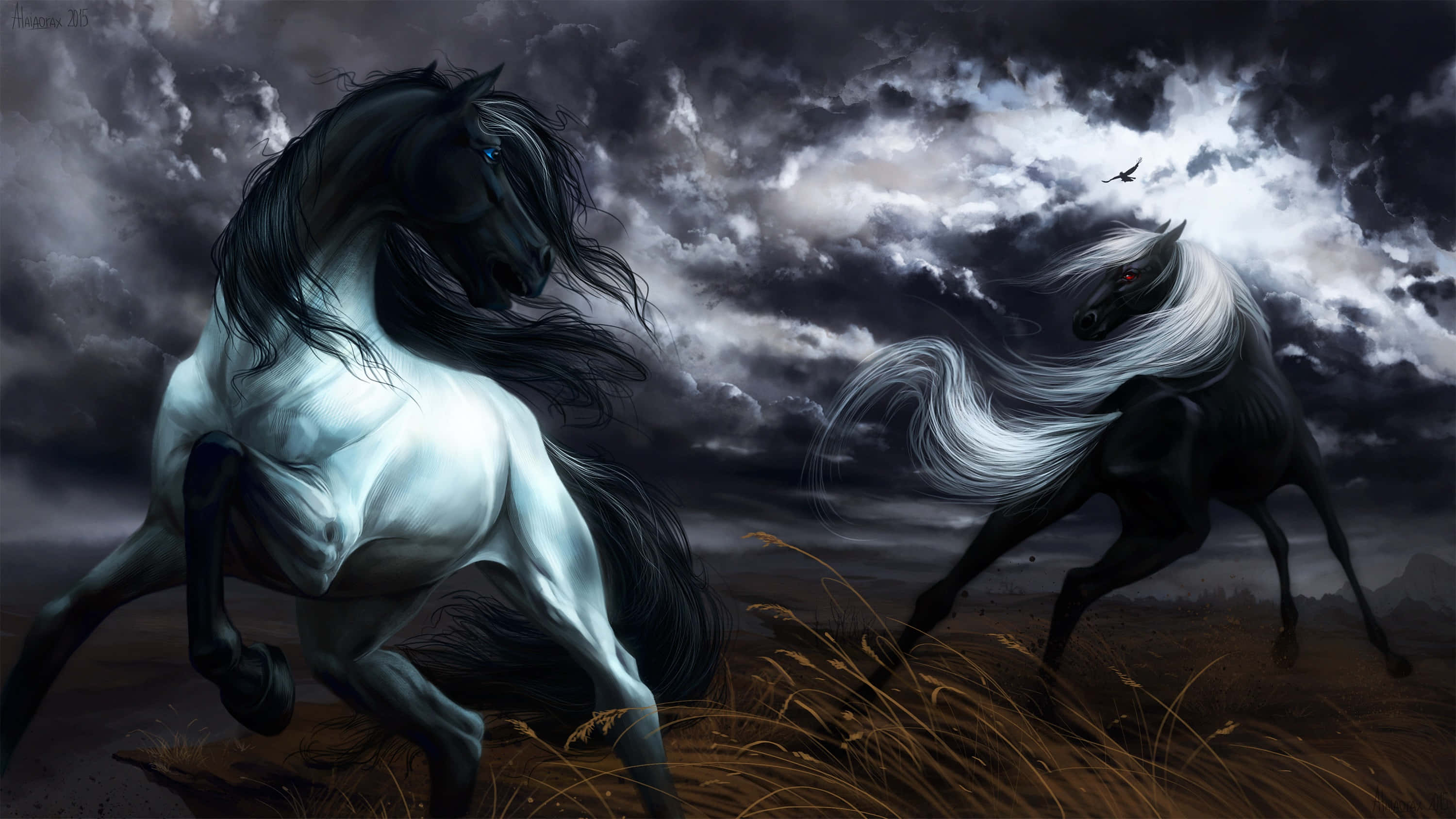 Cool Horse 桌布 壁紙 — 兩匹雄偉的馬——一匹白色黑鬃，一匹黑色白鬃——在暴風雨的天空下奔馳於金色草地。