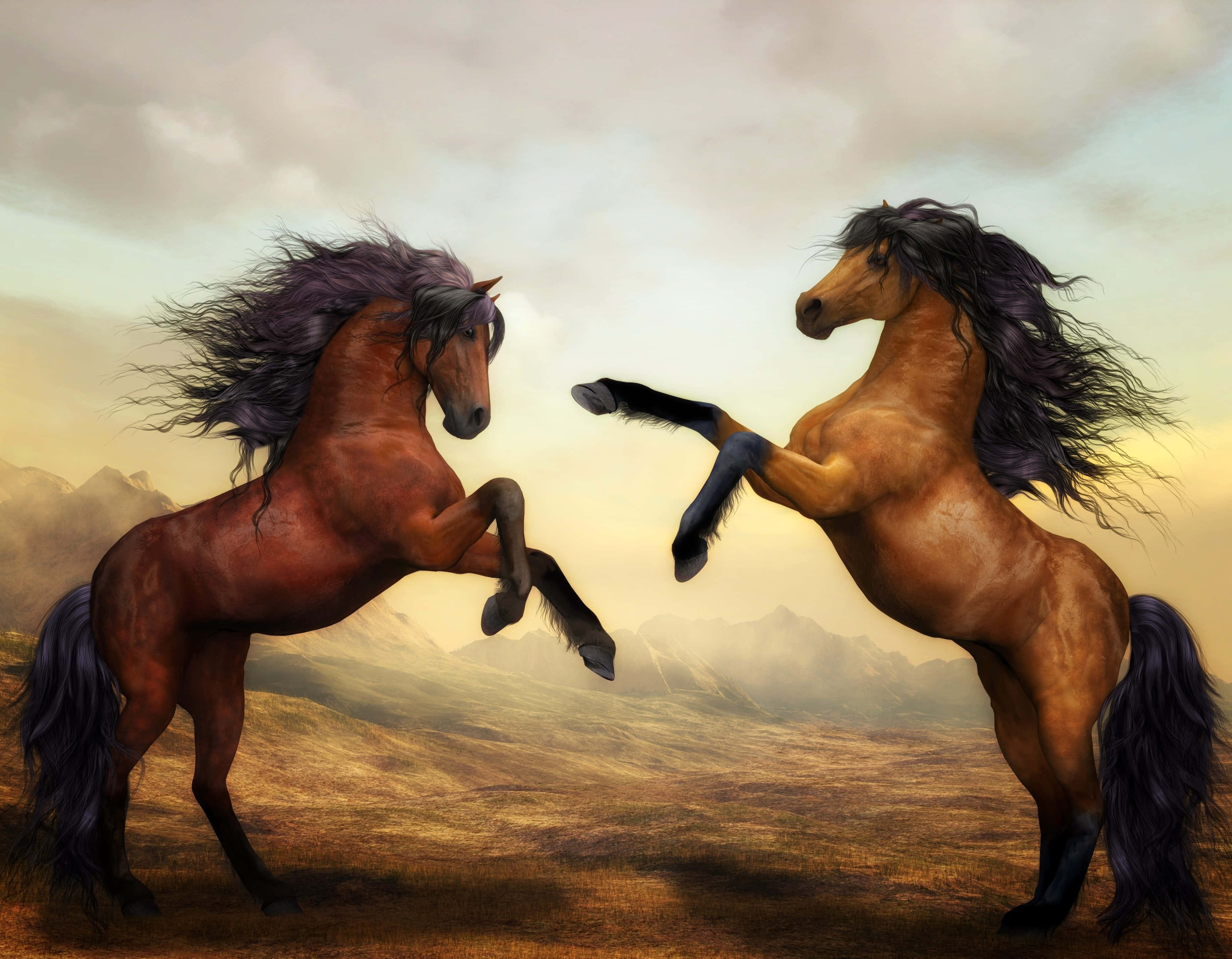 Pretty Horse 桌布 壁紙 — 兩匹雄偉的馬在陰雲密布的天空下，以朦朧的山脈為背景，戲劇性地對峙而立。