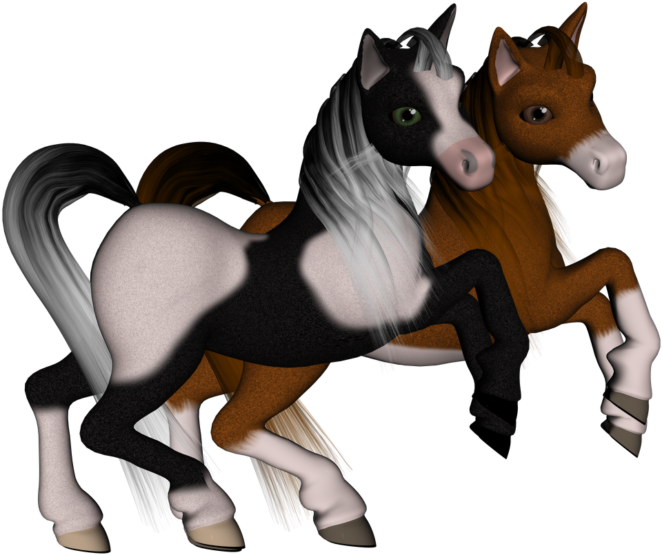 Foal 桌布 壁紙 — 兩匹風格化的馬，一匹黑白相間，另一匹棕色，在純黑色背景下動態站立。