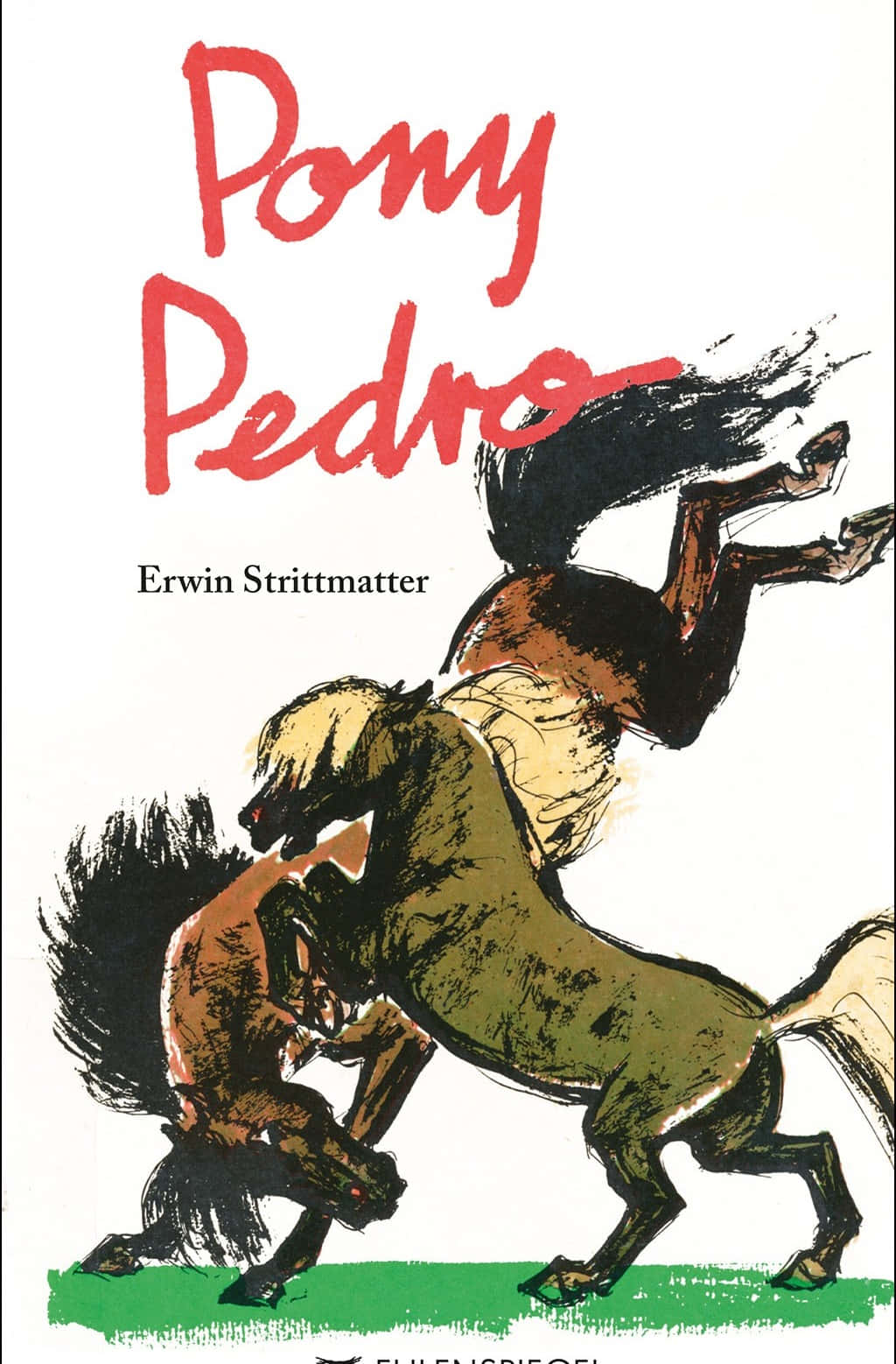 Pedro Pony 桌布 壁紙 — 兩匹風格化的馬在白色背景上以粗獷的墨水插畫動態碰撞，並帶有紅色標題文字。