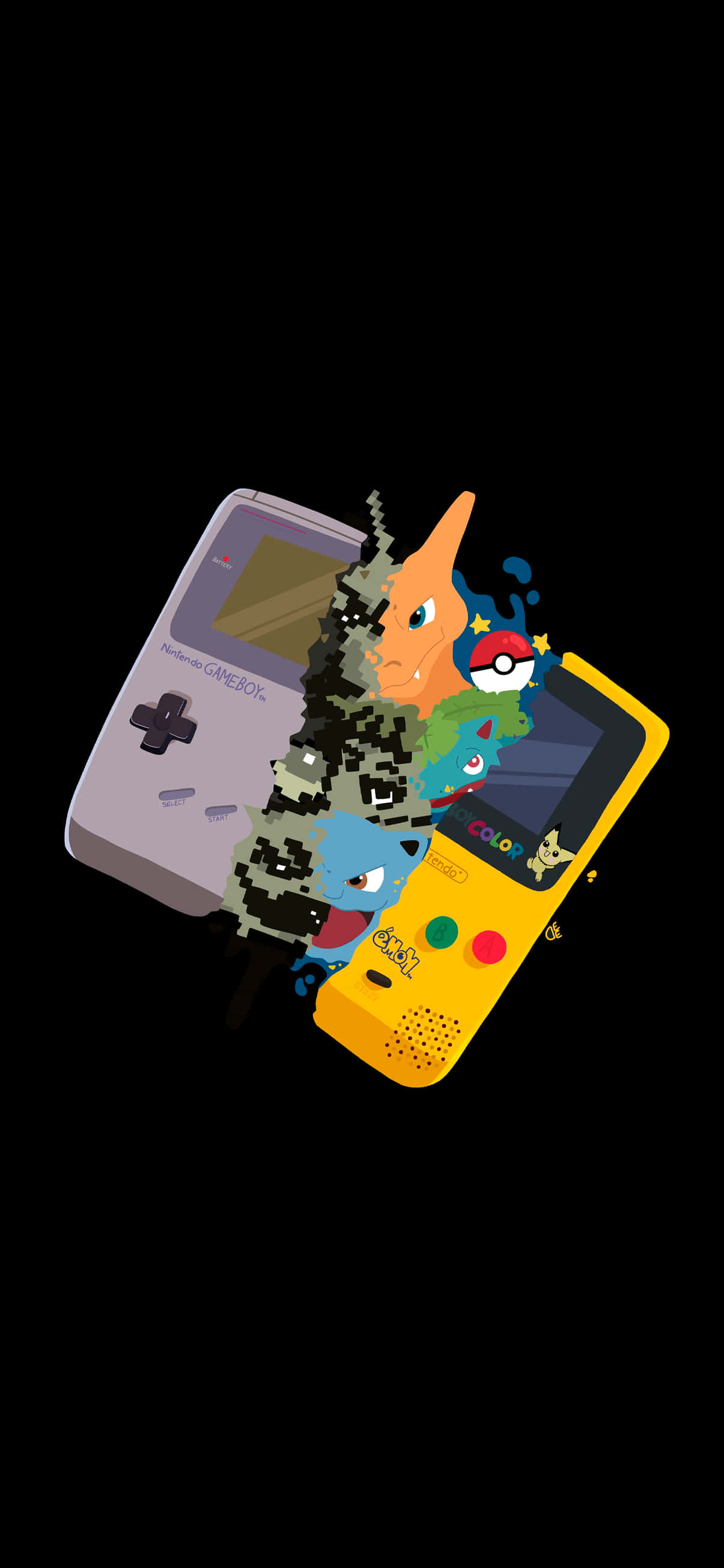 4K 桌布 壁紙 — 兩台 Game Boy 主機爆炸，色彩繽紛的像素化寶可夢從螢幕中迸出，背景為黑色。