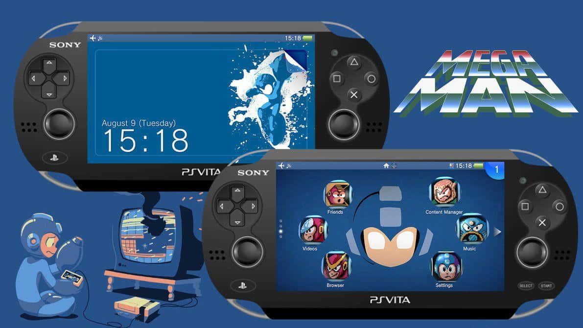 Ps Vita 桌布 壁紙 — 兩台 PS Vita 主機顯示 Mega Man 遊戲，一個復古卡通 Mega Man 角色在復古電視上玩遊戲。