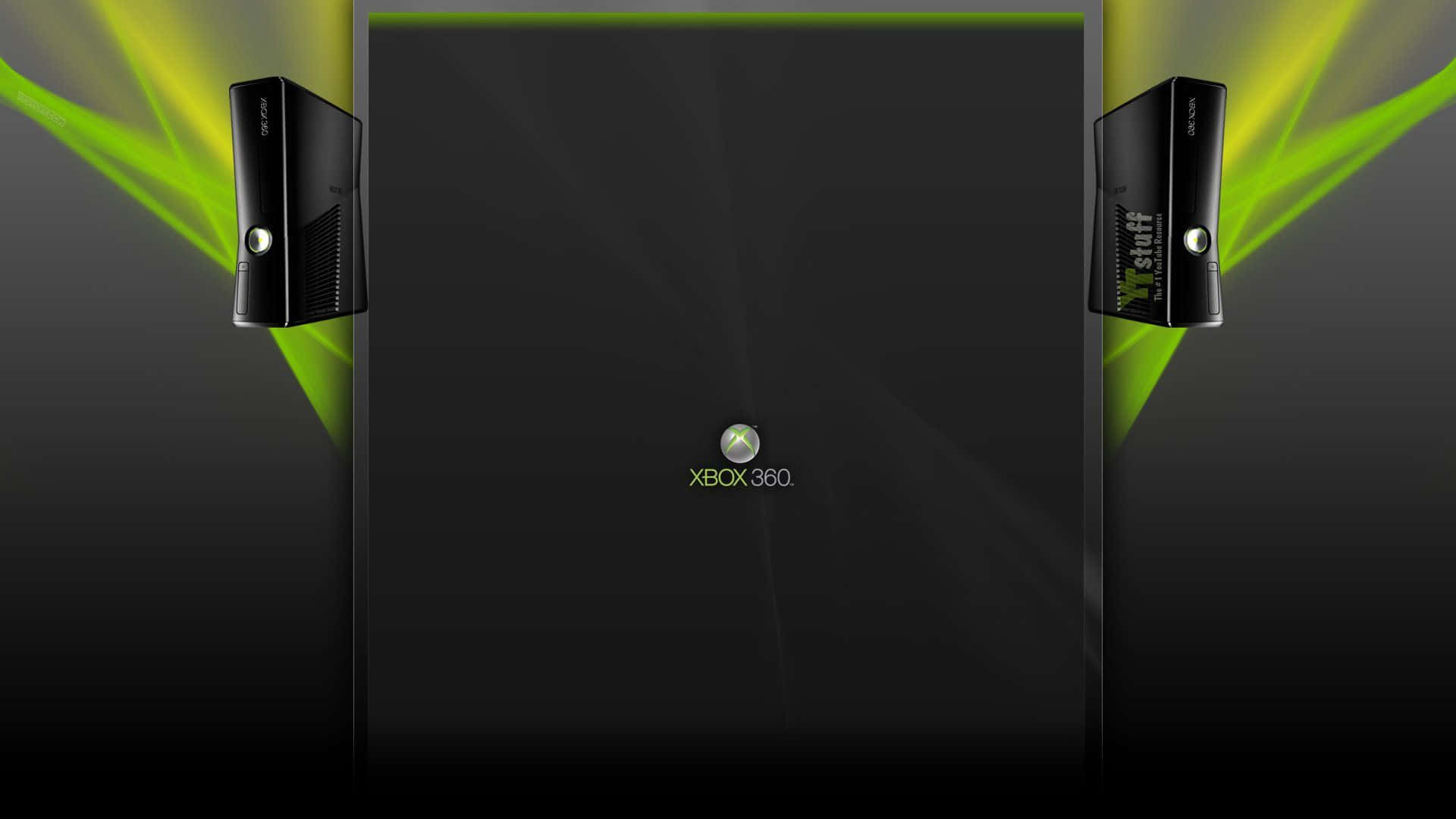 YouTube Gaming 桌布 壁紙 — 兩台 Xbox 360 主機分別位於中央螢幕兩側，螢幕顯示 Xbox 360 標誌，並有充滿活力的綠色光束向外放射。