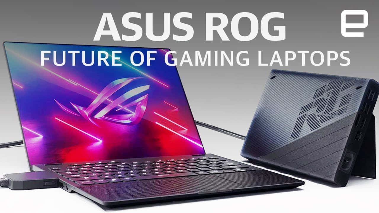 華碩 ROG 桌布 壁紙 — 兩台ASUS ROG電競筆電，一台打開顯示充滿活力的霓虹螢幕，另一台關閉顯示紋理碳纖維設計。
