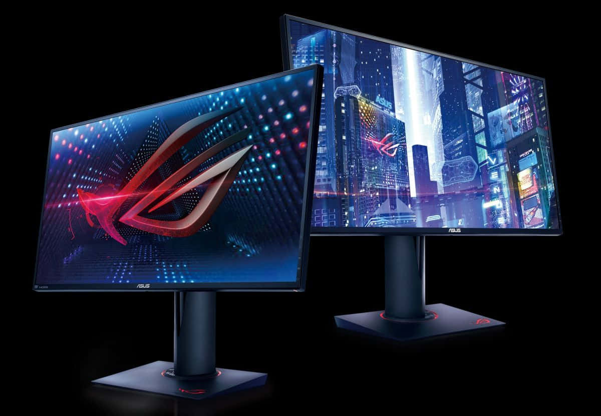 Gaming Monitors 桌布 壁紙 — 兩台ASUS ROG電競顯示器在黑色背景上展示充滿活力的數位藝術。