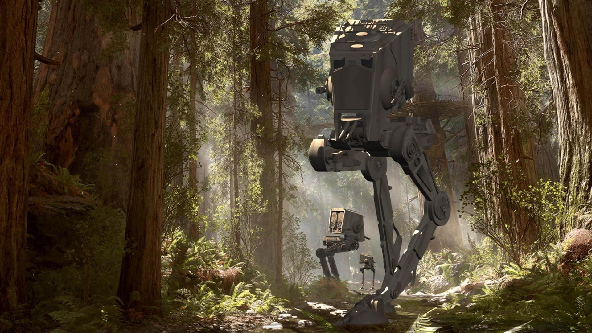 Endor 桌布 壁紙 — 兩台AT-ST步行機穿過陽光明媚的森林，森林中有高聳的樹木，斑駁的光線穿過茂密的樹葉。