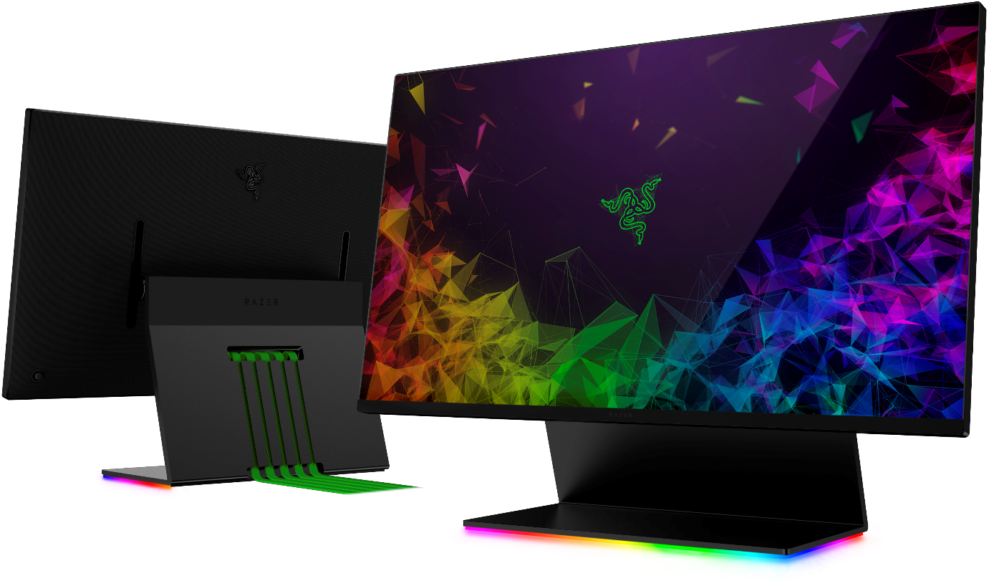 Gaming Computer 桌布 壁紙 — 兩台Razer電競顯示器，配以鮮豔彩虹LED燈光及幾何圖案桌布顯示。