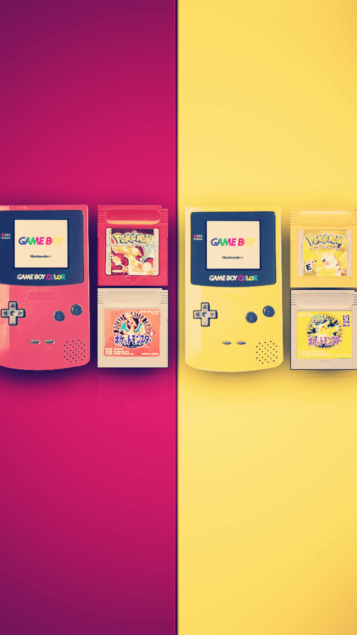 game 桌布 壁紙 — 兩台粉紅色和黃色的Game Boy Color主機插著寶可夢卡帶，放置在鮮豔的洋紅色和黃色背景前。