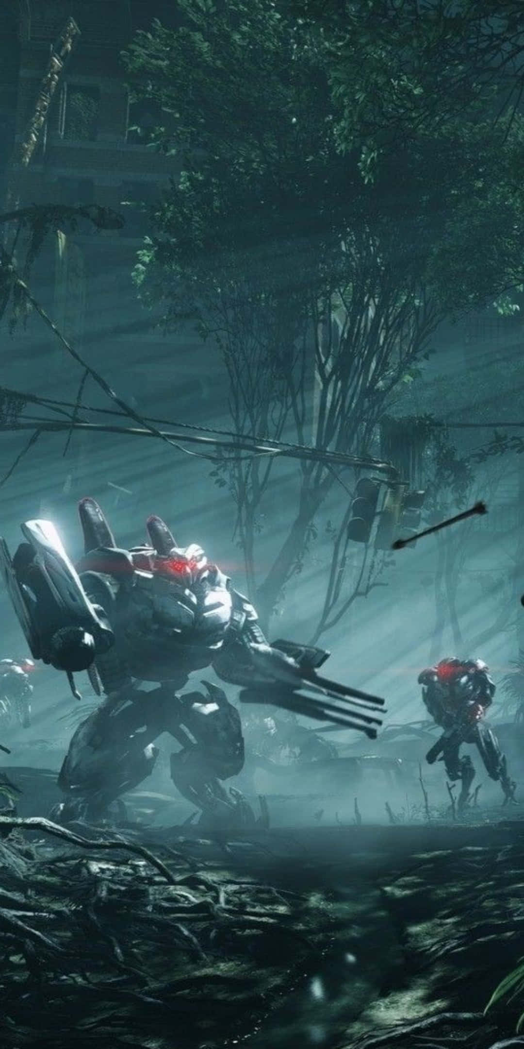 Pixel 3 Crysis 3 桌布 壁紙 — 兩台裝甲機器人在霧氣瀰漫、雜草叢生的城市廢墟中戰鬥，周圍環繞著樹木和破損的基礎設施。