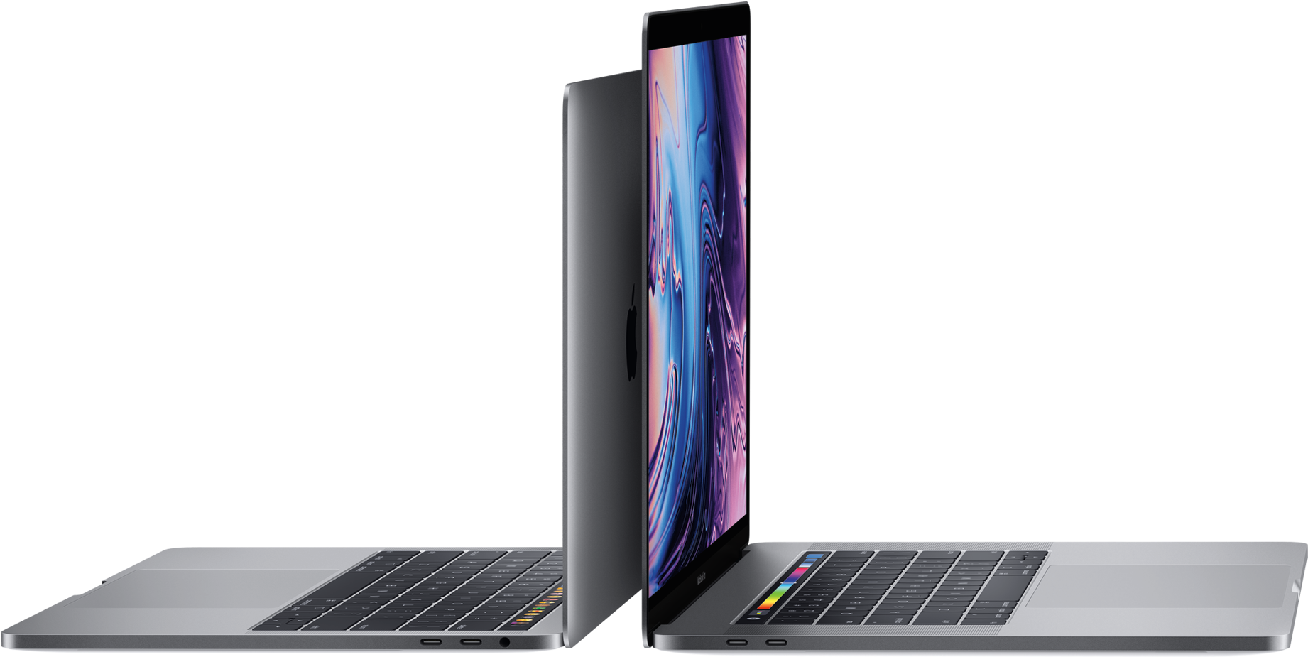MacBook 動態圖片 桌布 壁紙 — 兩台銀色 MacBook 筆記型電腦傾斜放在黑色背景前，一台打開顯示充滿活力的抽象桌布。