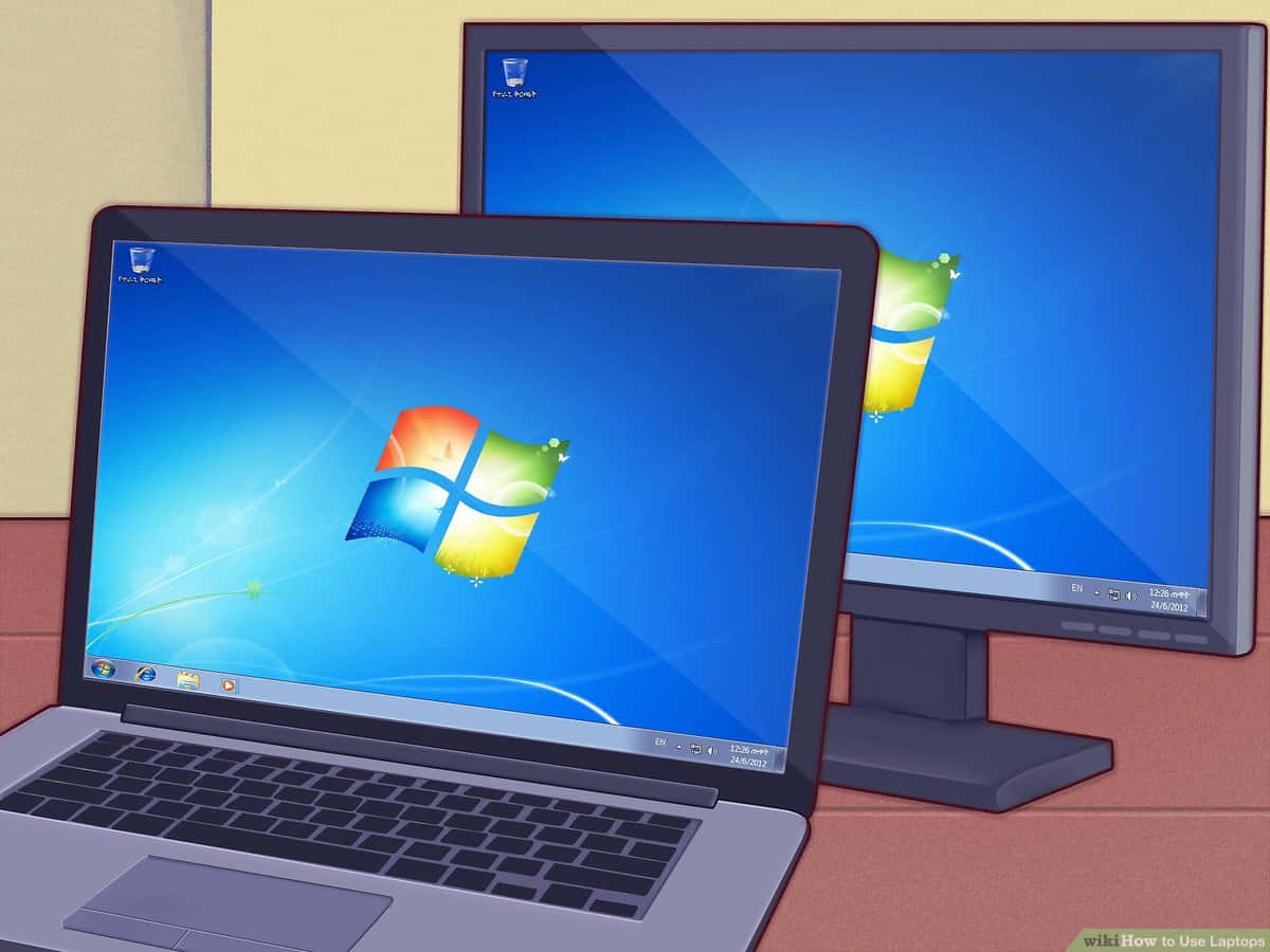筆電 桌布 壁紙 — 兩台電腦顯示經典的Windows 7桌布，背景有藍天和彩色視窗標誌。