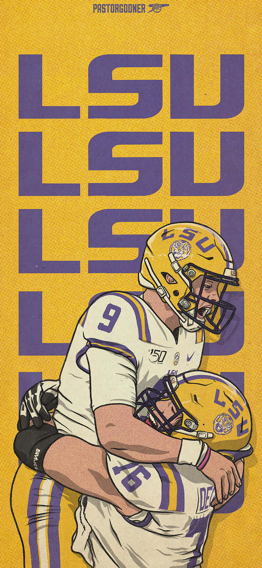 Lsu Tigers 桌布 壁紙 — 兩名LSU足球員戴著黃色頭盔，在鮮黃色背景上擁抱，背景上有堆疊的紫色LSU文字。