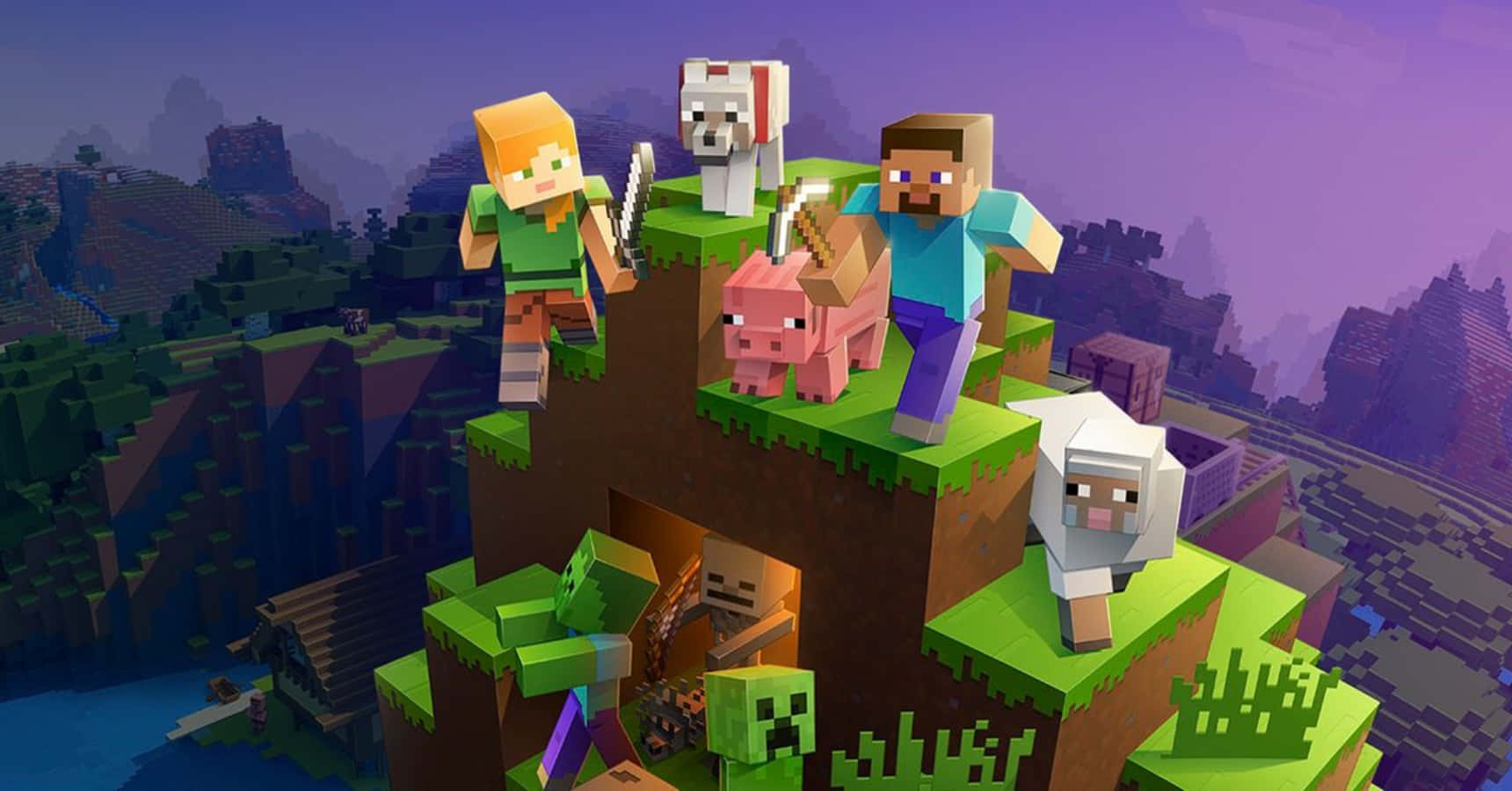 山景 桌布 壁紙 — 兩名Minecraft玩家和他們的動物站在一個長滿草的塊狀懸崖上，俯瞰著暮色中的像素化景觀。