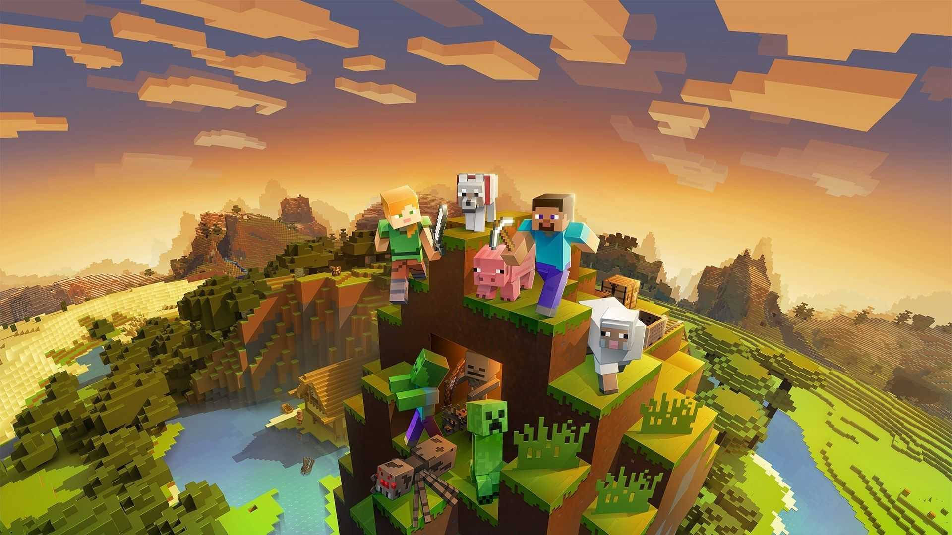 高清 桌布 壁紙 — 兩名Minecraft玩家和他們的動物站在像素懸崖頂上，俯瞰著夕陽下充滿活力的方塊景觀。