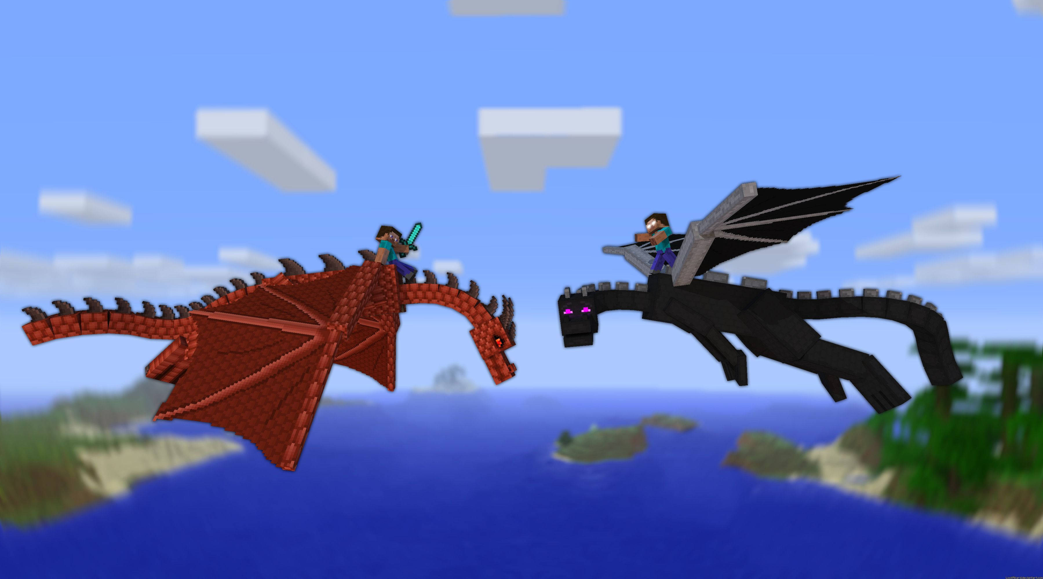 Herobrine 桌布 壁紙 — 兩名Minecraft玩家在像素化天空中騎著龍，下方是藍色海洋和浮島。
