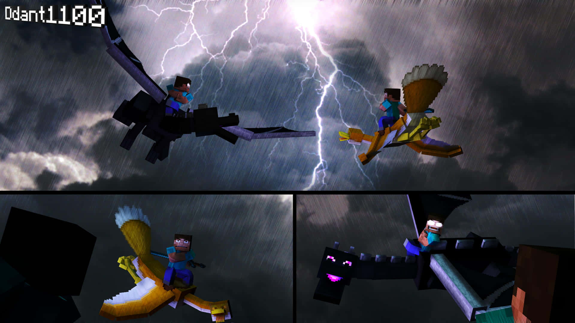 Minecraft Fight 桌布 壁紙 — 兩名Minecraft玩家在雷電交加的暴風雨中騎著像素化的龍。