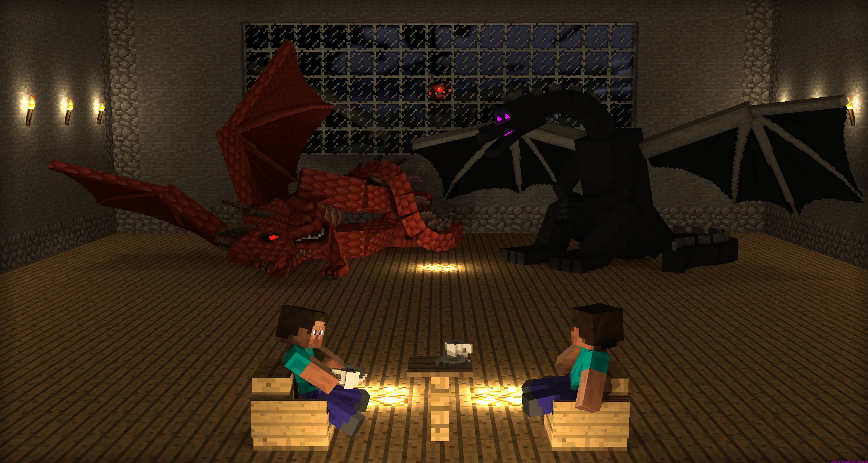 Herobrine 桌布 壁紙 — 兩名Minecraft玩家平靜地坐在石室中，兩條龍——一條紅色一條黑色——在他們身後安詳地休息。