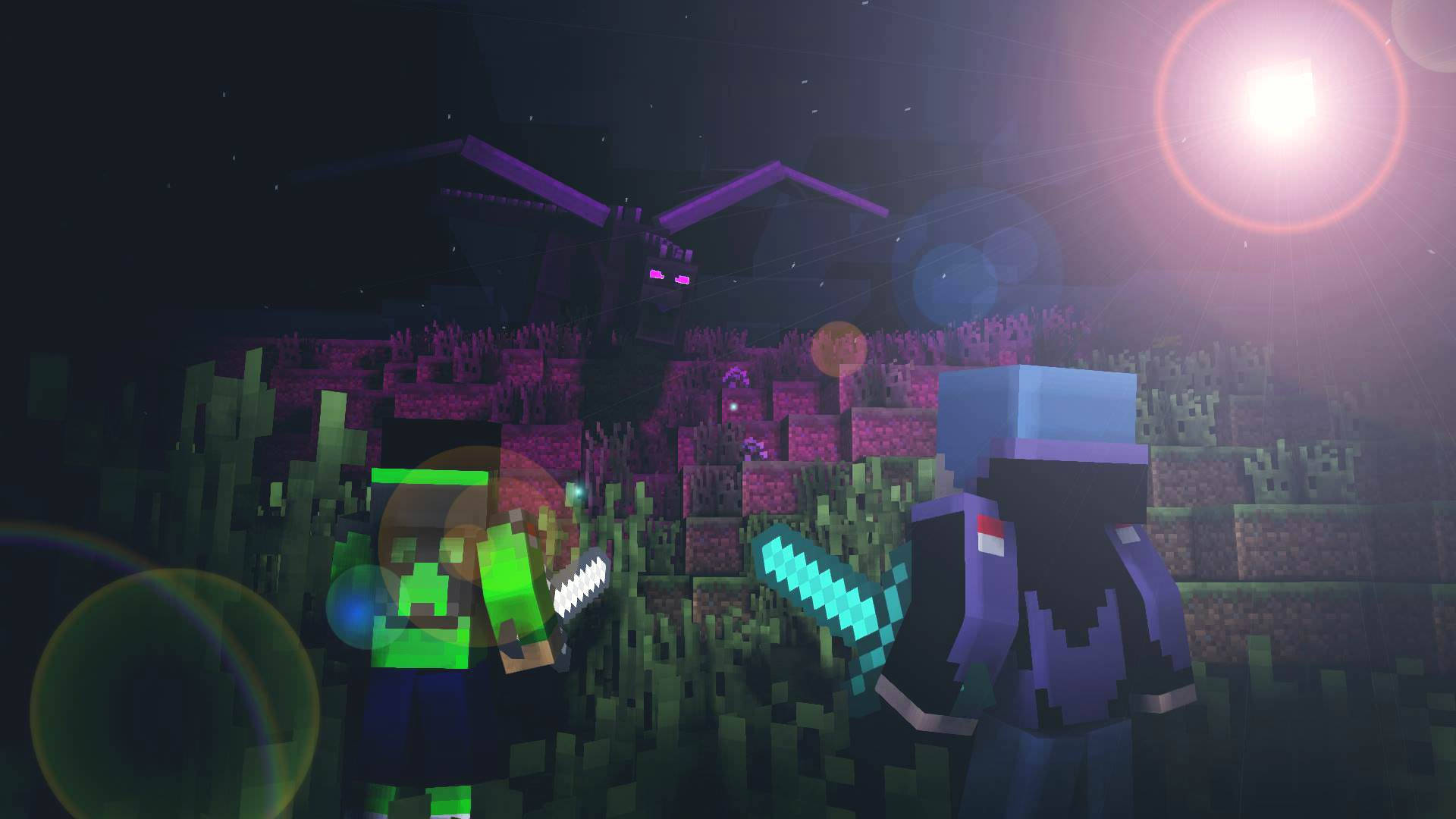 兩名Minecraft角色在夜晚用發光的劍對抗一隻巨大的蜘蛛。