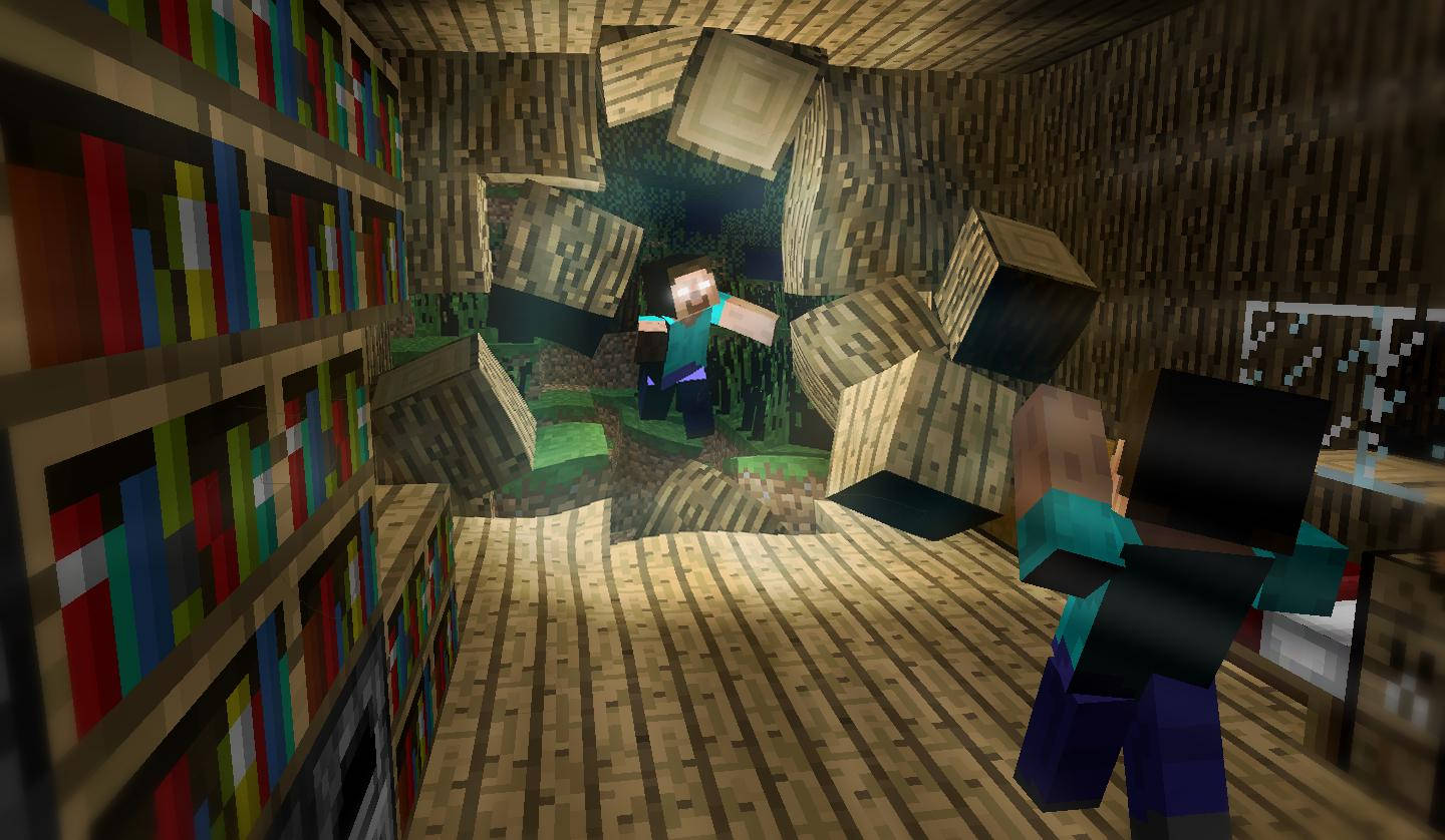 電玩遊戲 桌布 壁紙 — 兩名Minecraft玩家探索一個木製圖書館，方塊在他們周圍倒塌，露出後面的森林。