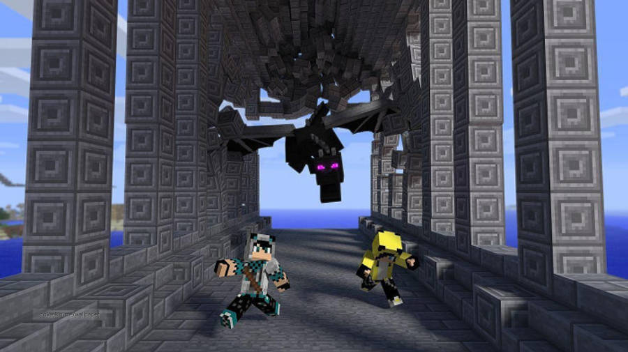 恐怖動圖 桌布 壁紙 — 兩名Minecraft玩家穿過石拱門，一隻眼睛發光的黑龍從頭頂俯衝而過。