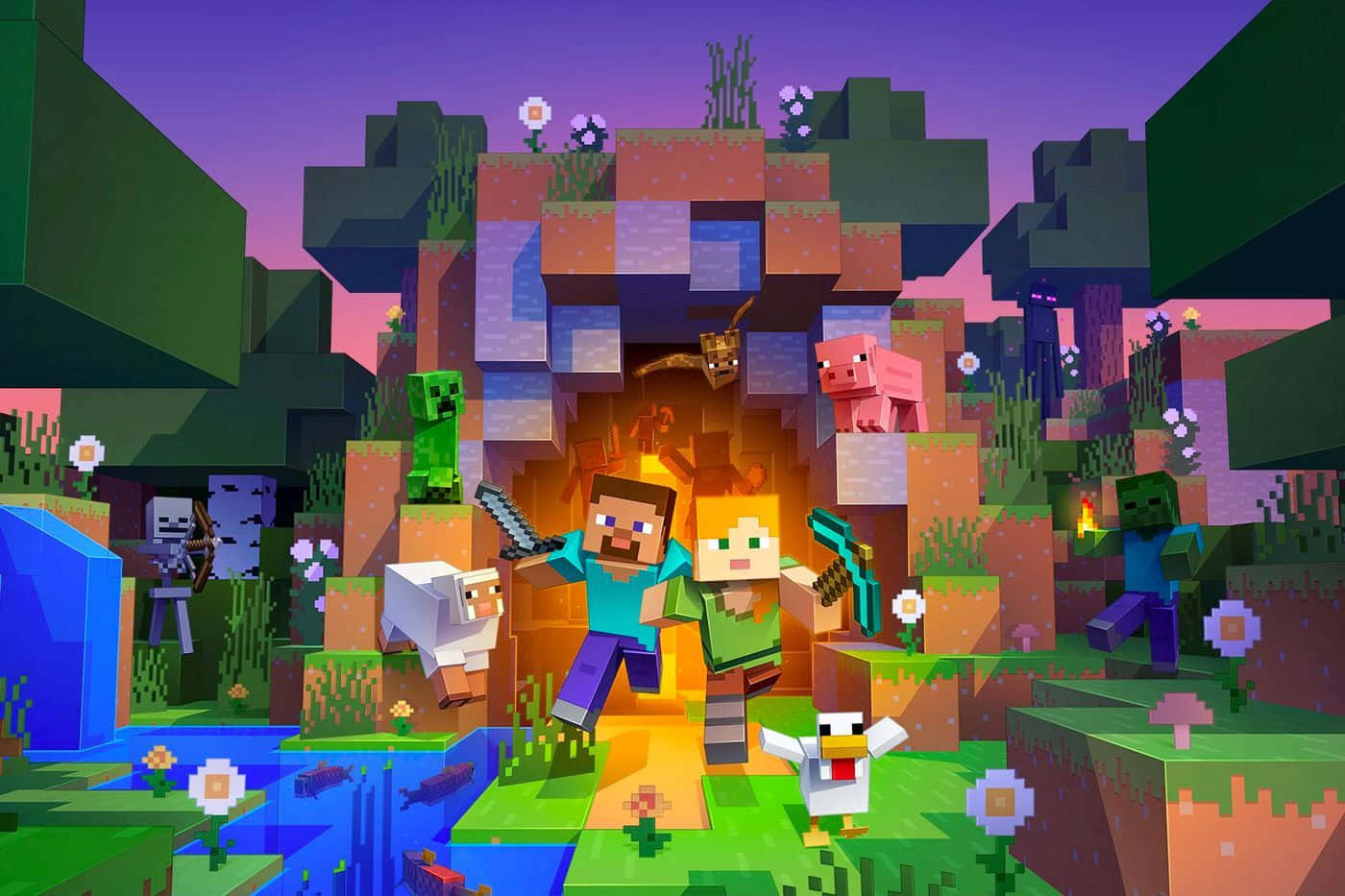 Minecraft Art 桌布 壁紙 — 兩名Minecraft玩家站在發光的洞穴入口，周圍是像素化的動物和敵對生物，在一個充滿活力的方塊世界中。