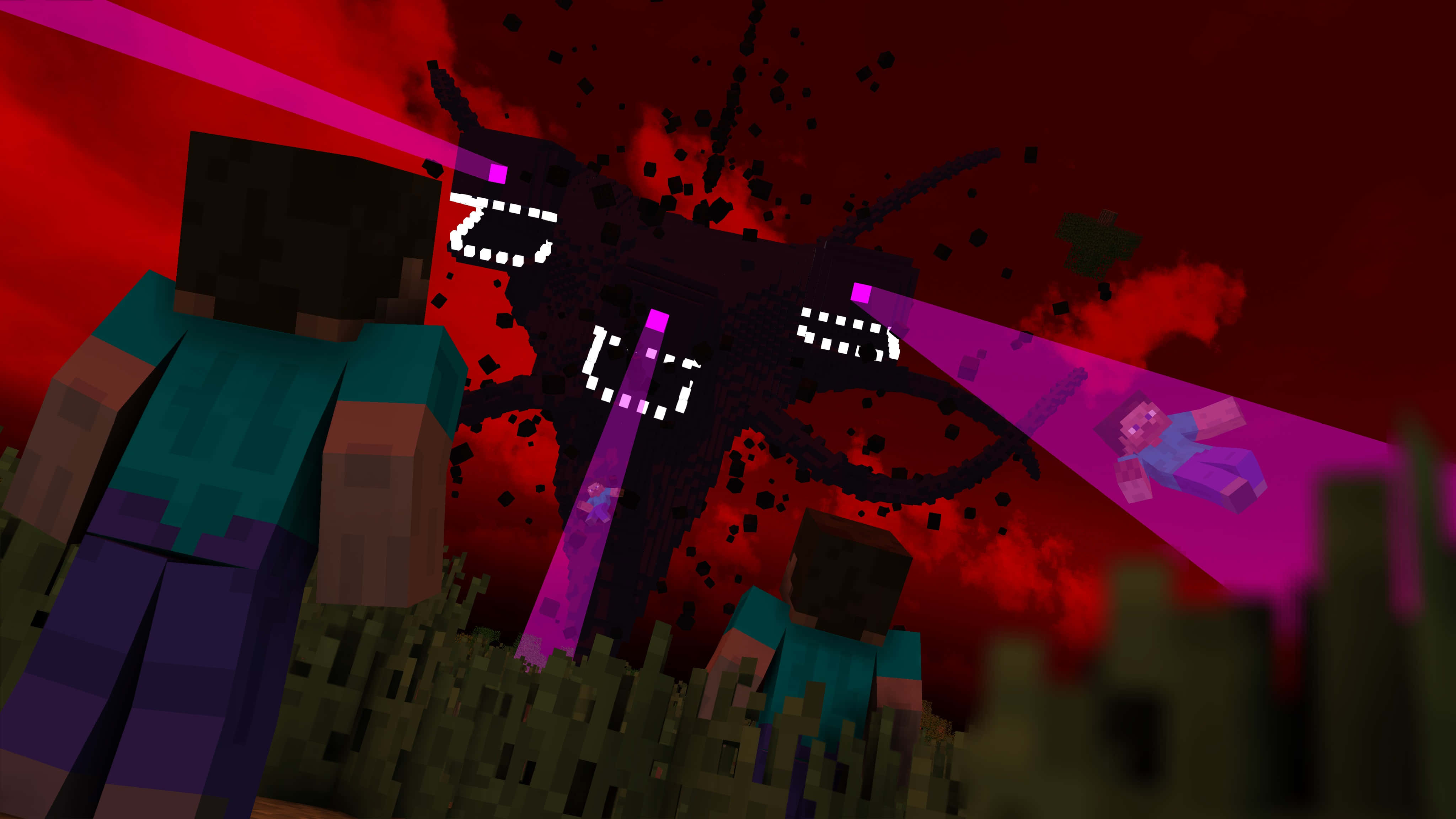 Minecraft Wither 桌布 壁紙 — 兩名Minecraft玩家面對一個帶有發光紫色眼睛和光束的威脅性像素Boss，背景是血紅色的天空。