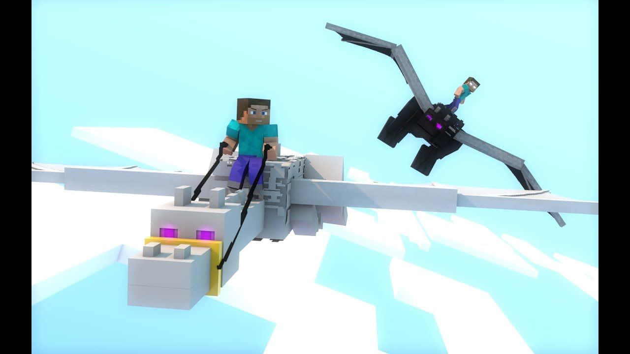 Minecraft Aesthetic 桌布 壁紙 — 兩名Minecraft玩家騎著方塊龍在明亮的青色天空中翱翔，天空中有白色幾何雲朵。