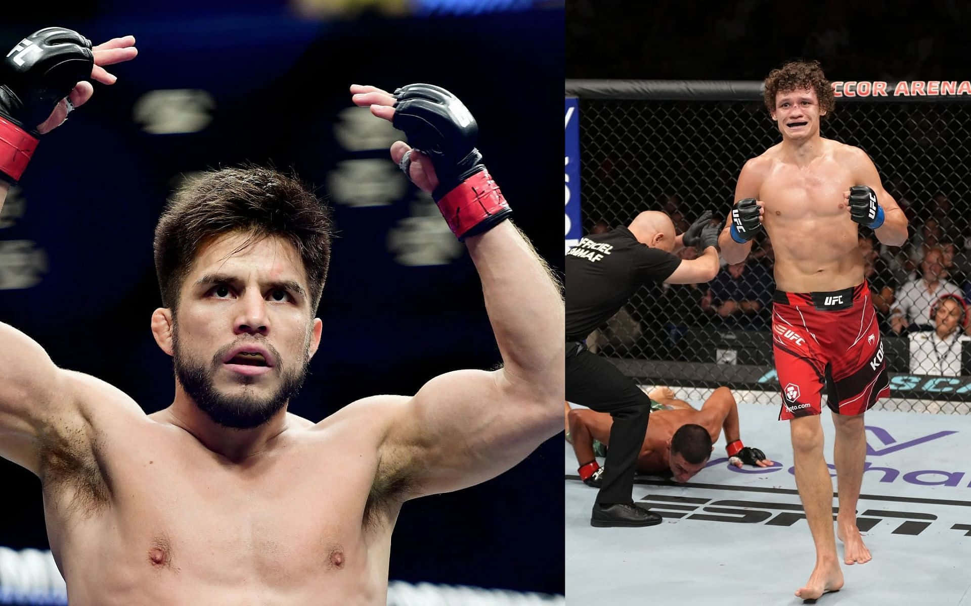 UFC 桌布 壁紙 — 兩名MMA拳手在UFC八角籠中高舉雙臂，以勝利的表情慶祝勝利。