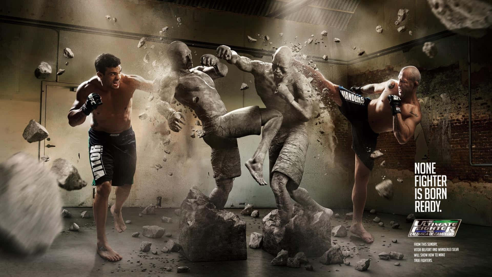 UFC 桌布 壁紙 — 兩名MMA拳手在一個骯髒的訓練室中施展爆炸性踢腿，石塊碎片在他們周圍飛舞。