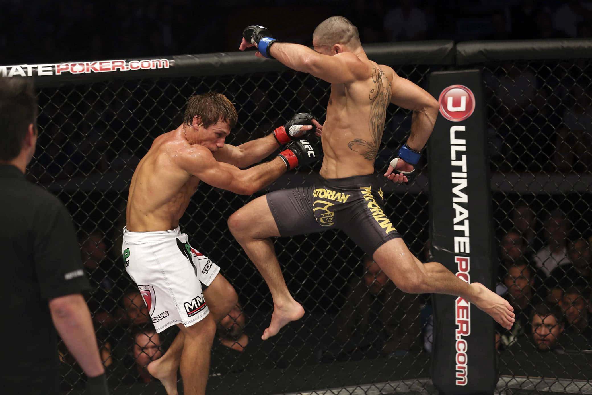 UFC 桌布 壁紙 — 兩名MMA拳手在八角籠中交鋒，一人使出高踢，另一人在明亮的場館燈光下格擋。