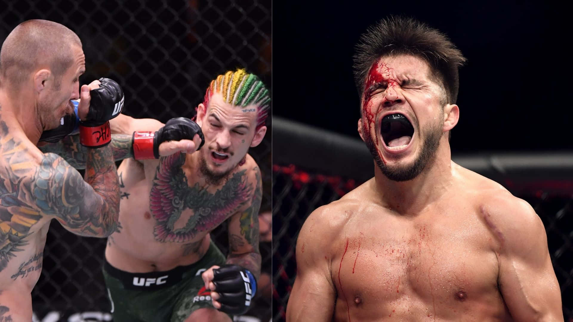 UFC 桌布 壁紙 — 兩名MMA拳手在八角籠中交鋒，一人有彩虹頭髮，另一人滿臉鮮血痛苦尖叫。
