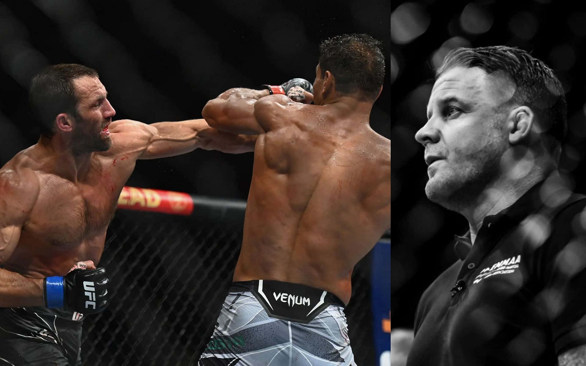 MMA 桌布 壁紙 — 兩名MMA拳手在八角籠中交鋒，裁判在黑白對比中專注觀看。